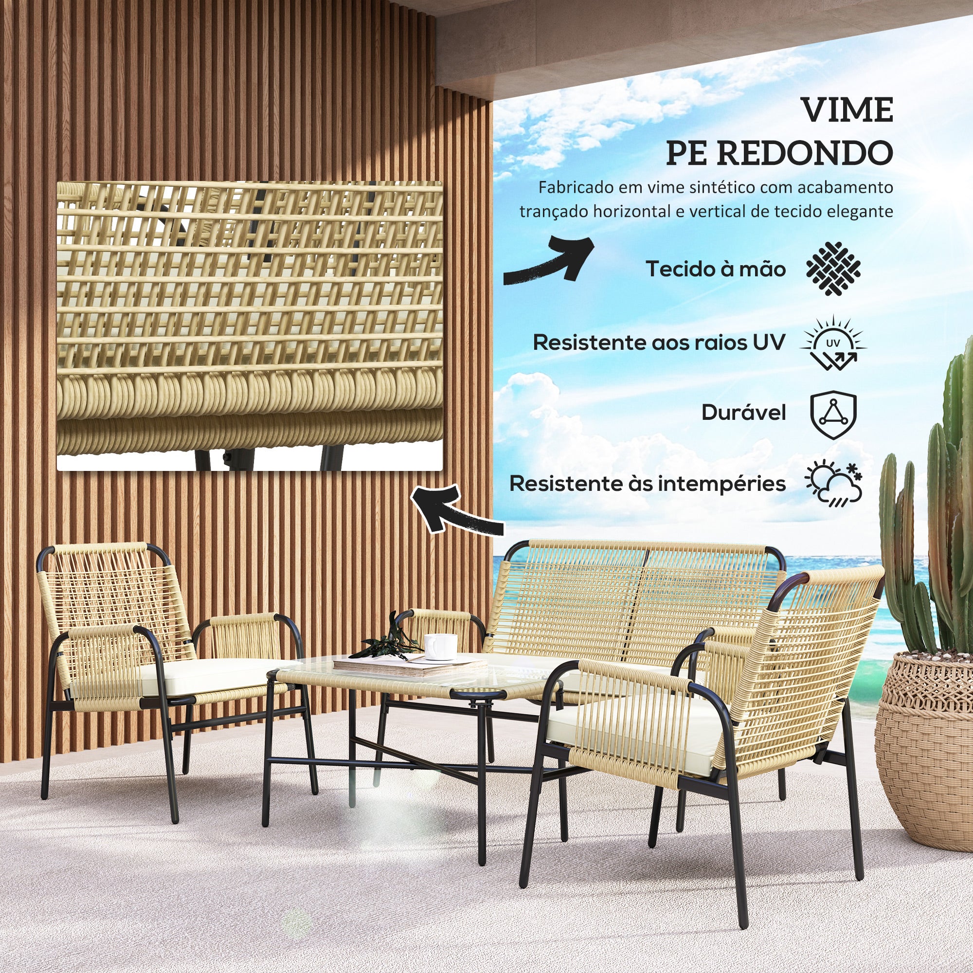 Conjunto de Móveis de Jardim Vime Sintético Natural e Preto 110x65x74 cm