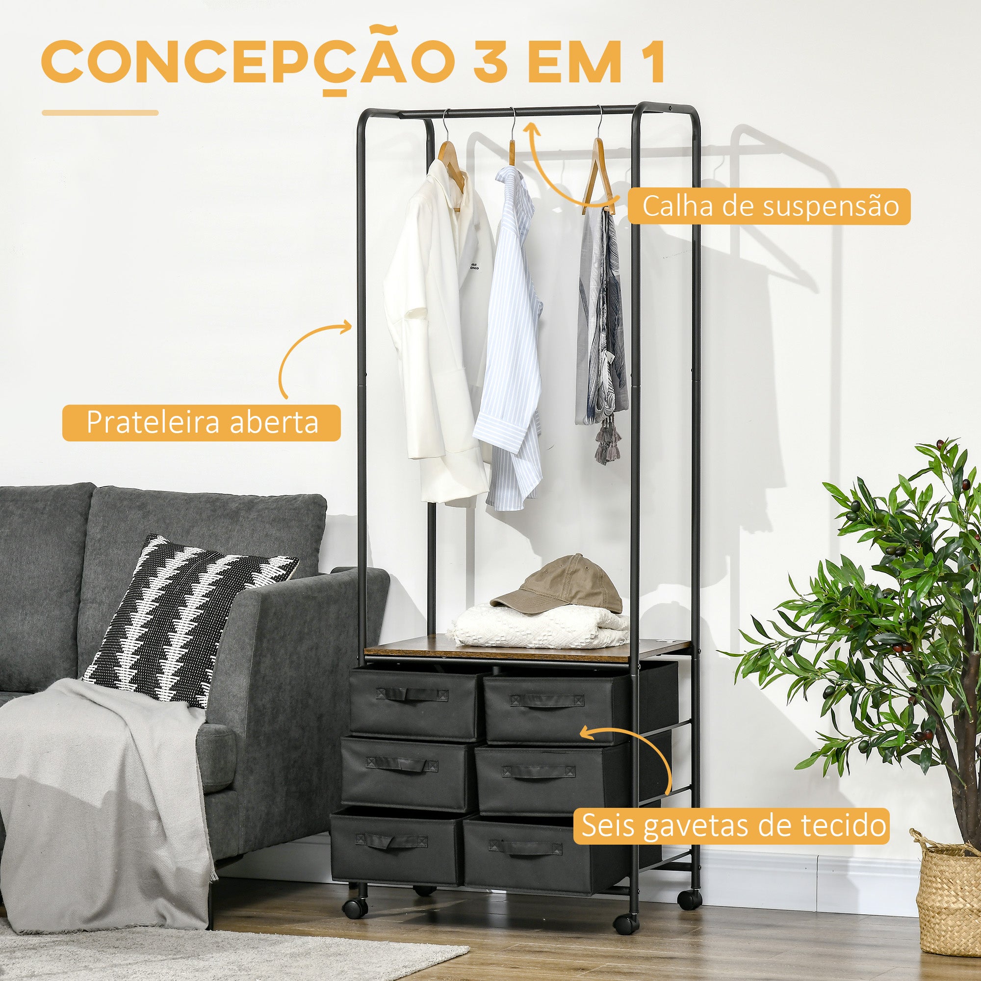 Cabideiro para Roupa com 6 Gavetas de Tecido - 63,5x40x172,5 cm - Castanho Rústico