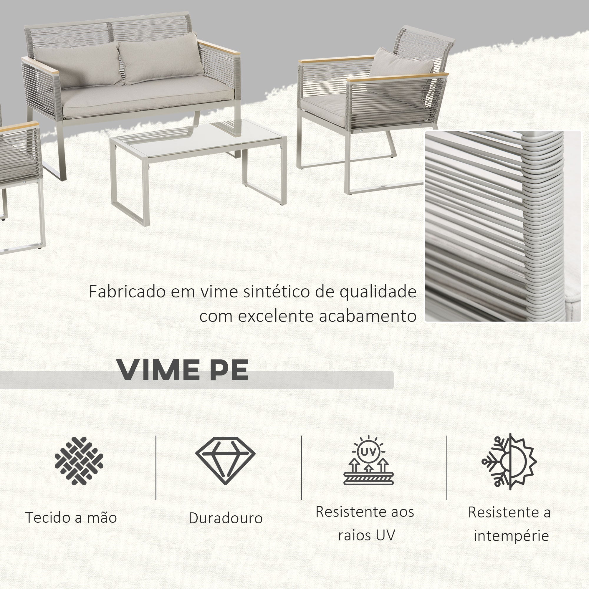Conjunto de Móveis de Jardim em Vime – 116x68,5x79 cm – Cinza Claro – Aço, Vime PE, Poliéster, Madeira de Teca