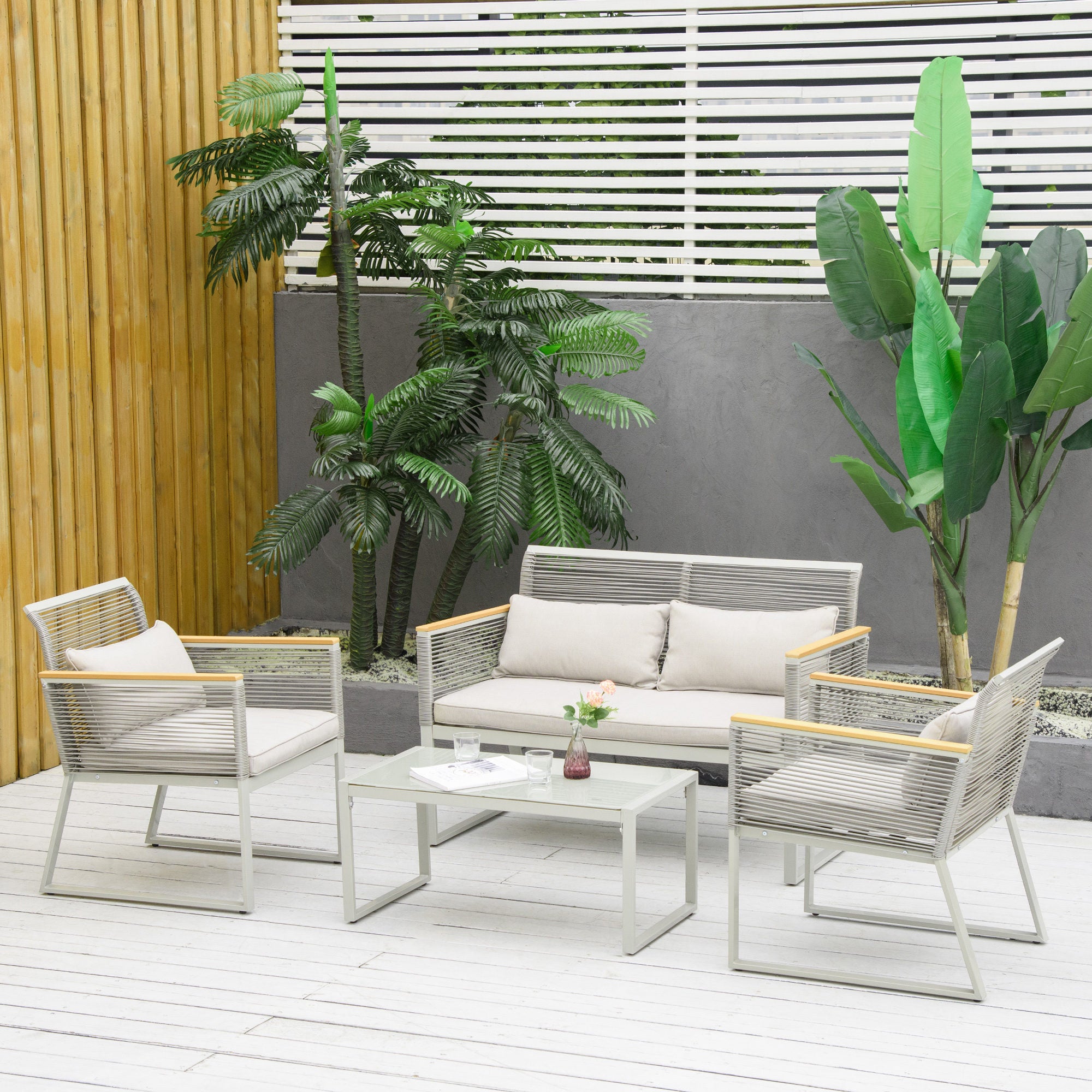 Conjunto de Móveis de Jardim em Vime – 116x68,5x79 cm – Cinza Claro – Aço, Vime PE, Poliéster, Madeira de Teca