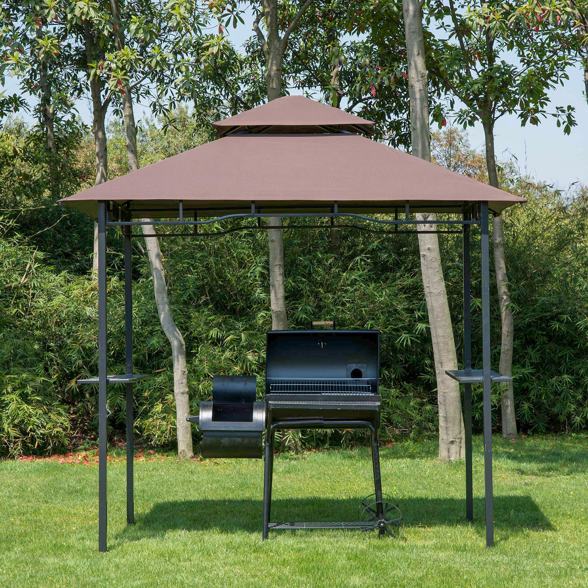 Gazebo para Churrasco 245x148 cm com Teto Duplo e Prateleiras - Cor Marrom