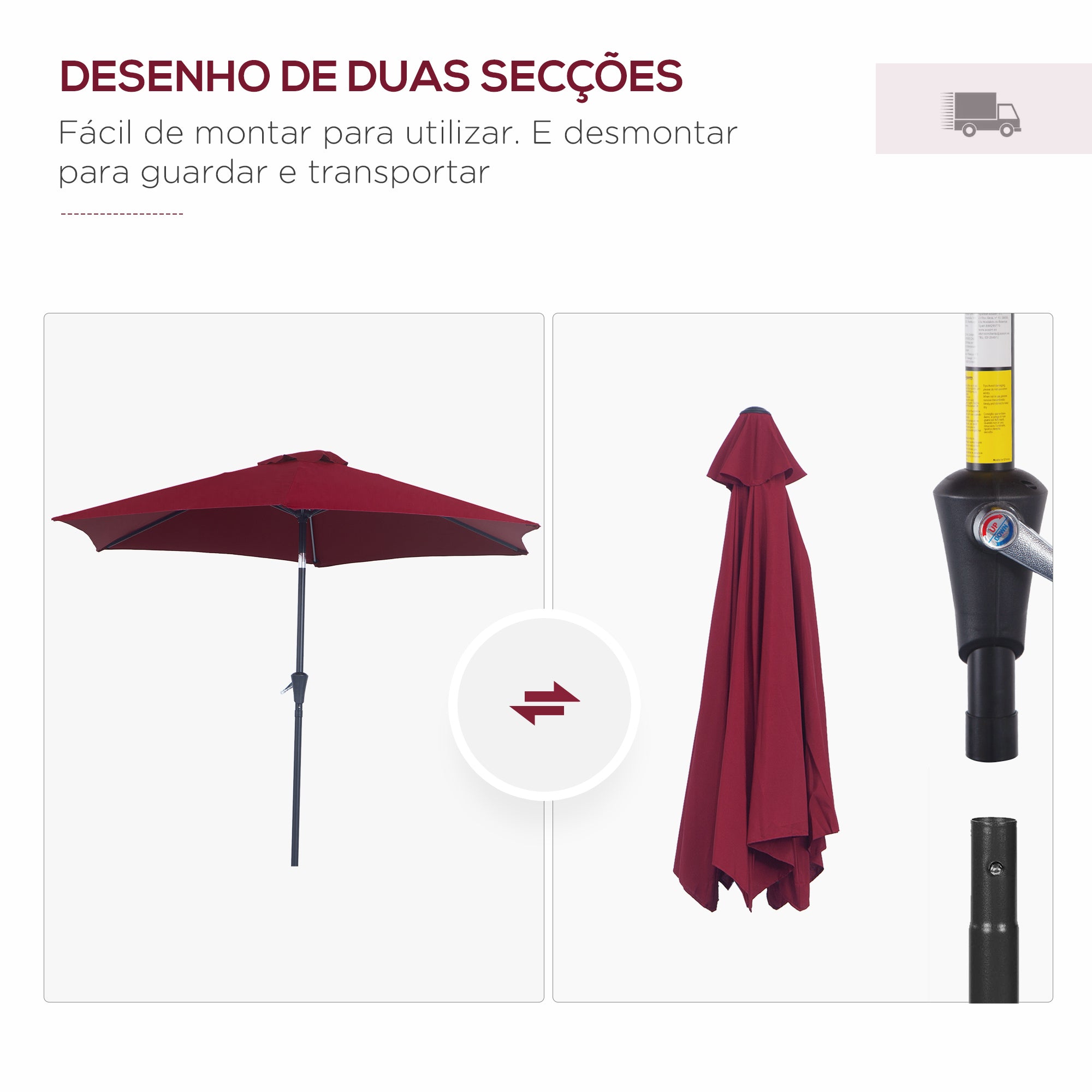 Chapéu de Sol de Jardim Ø270x235cm Vermelho de Vinho Tinto