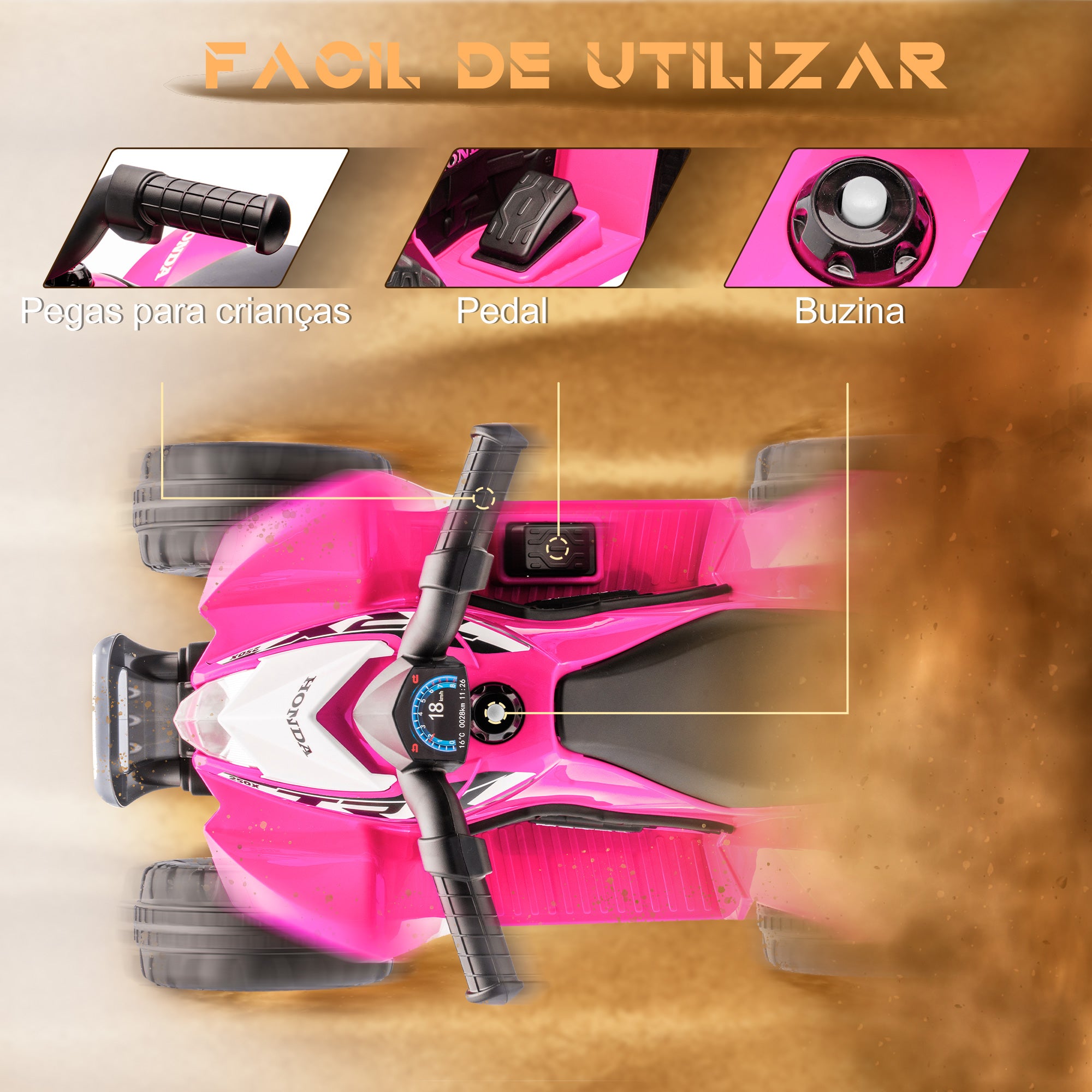 Quadriciclo Elétrico Infantil – 65.5x38.5x43.5 cm – Rosa – PP e metal
