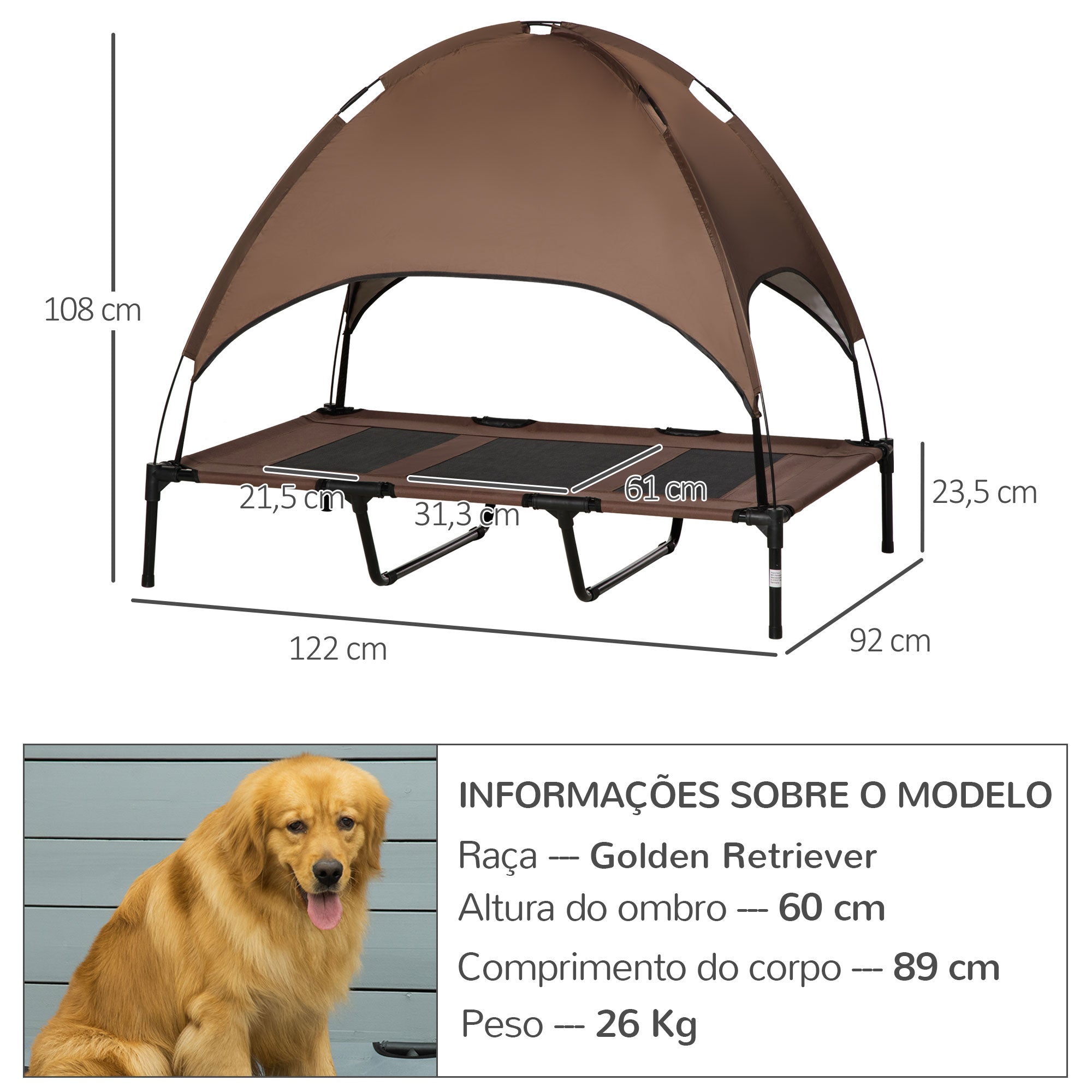 Cama Elevada para Animais de Estimação – 122x92x108cm – Marrom – Metal e Tecido