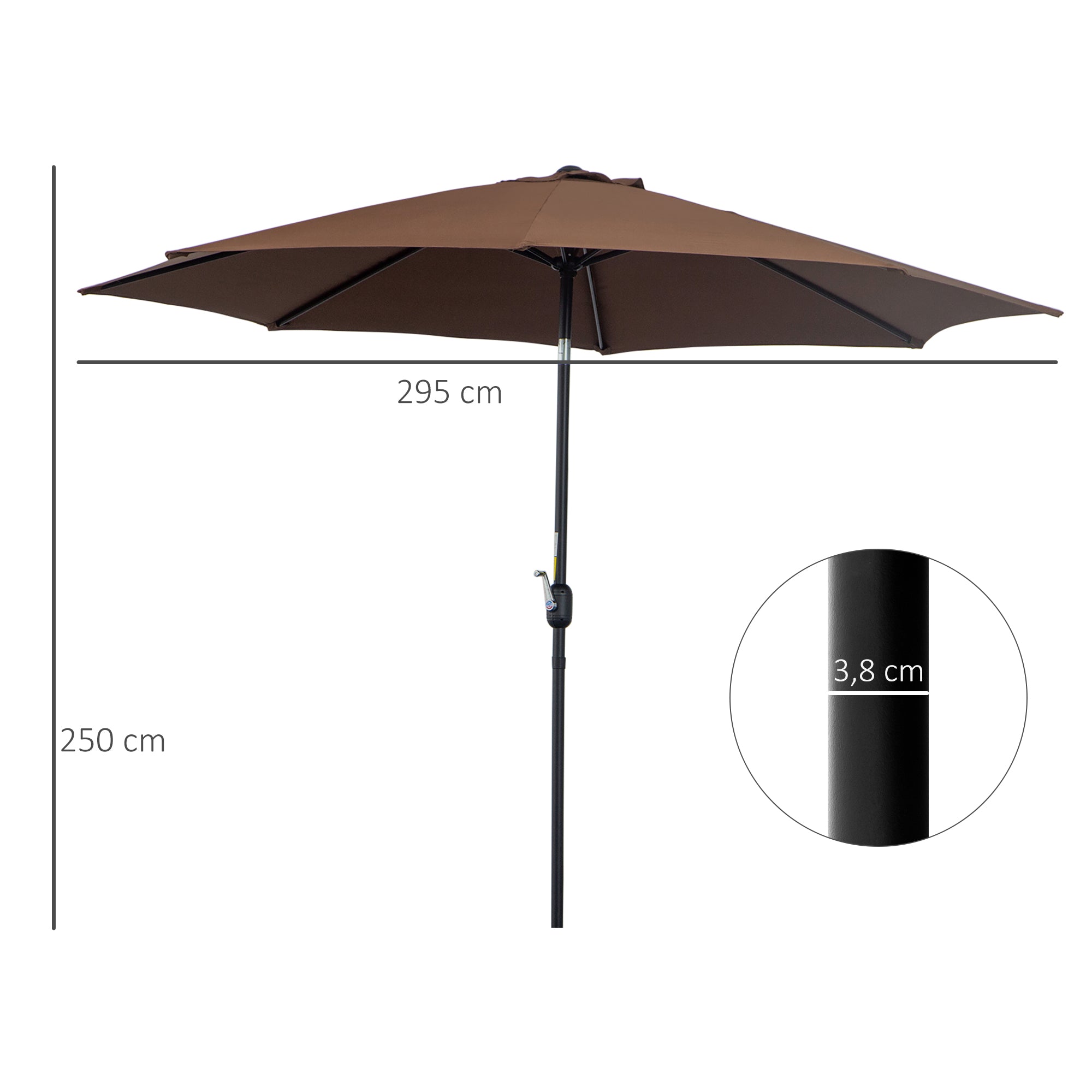 Chapéu de Sol de Jardim Marrom Ø295x250cm com Manivela e Mastro Desmontável