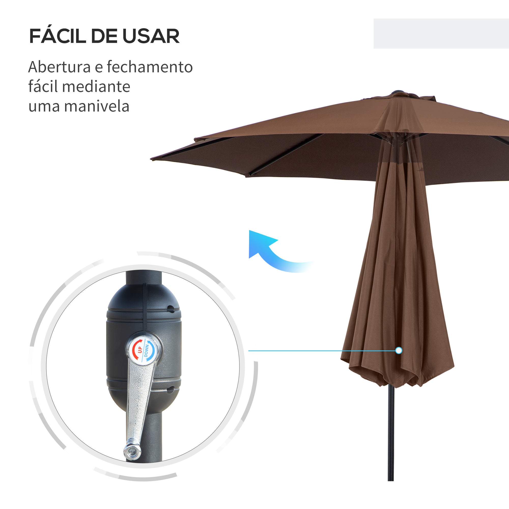 Chapéu de Sol de Jardim Marrom Ø295x250cm com Manivela e Mastro Desmontável