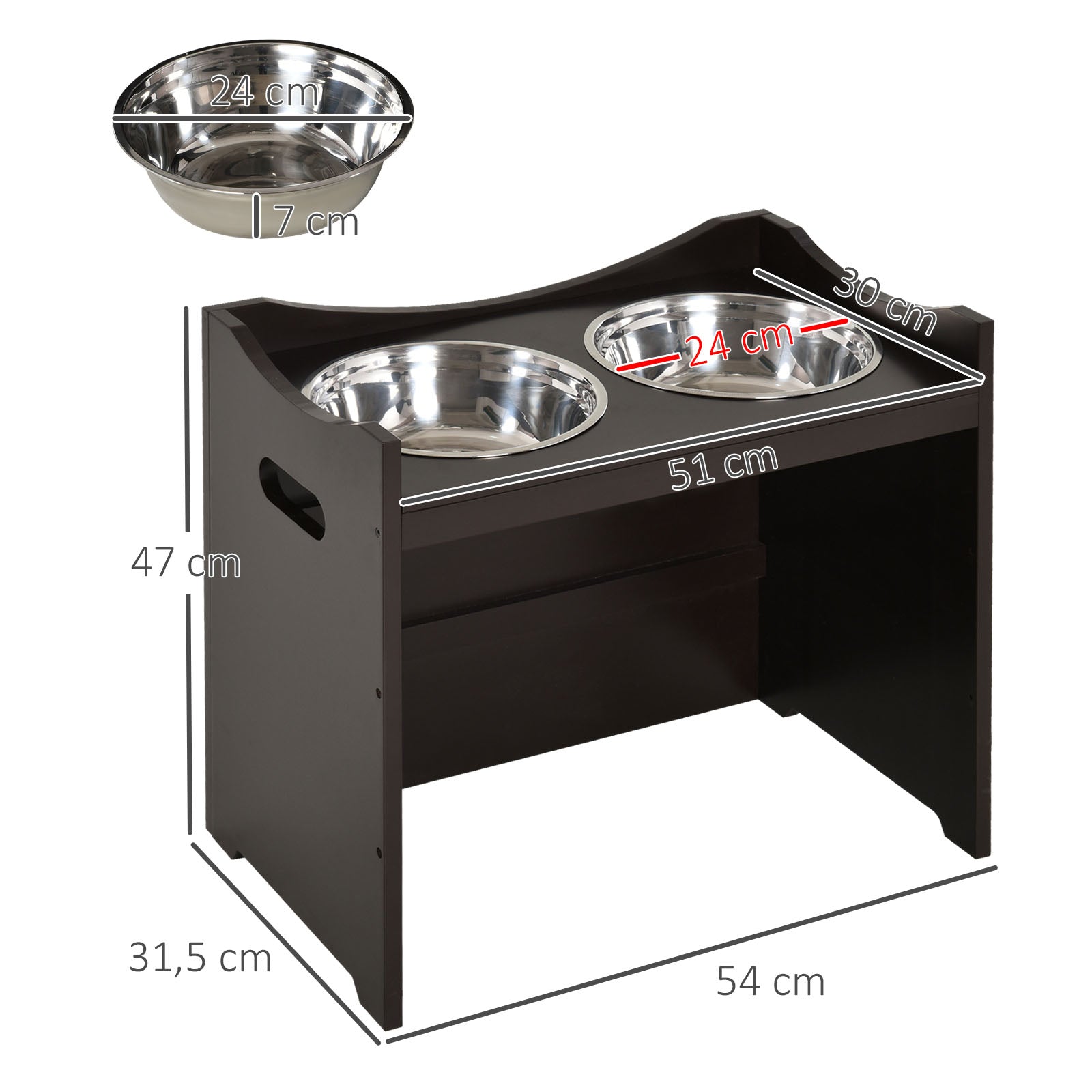 Comedouro para Cães Elevado – 54x31,5x47 cm – Marrom Escuro – MDF com Aço Inoxidável