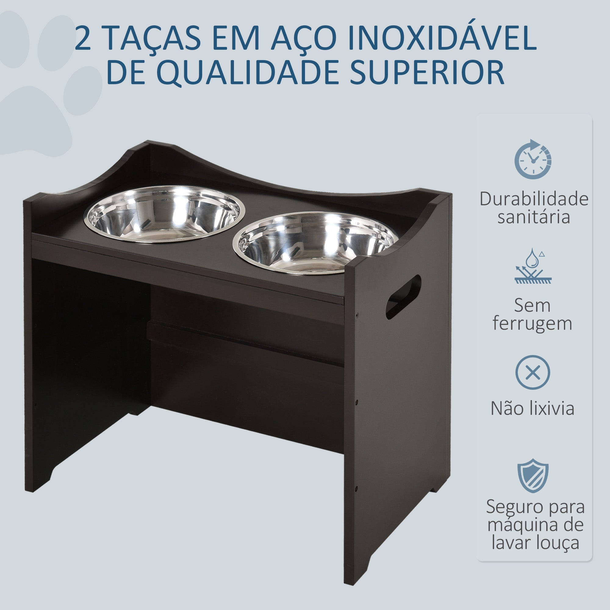 Comedouro para Cães Elevado – 54x31,5x47 cm – Marrom Escuro – MDF com Aço Inoxidável