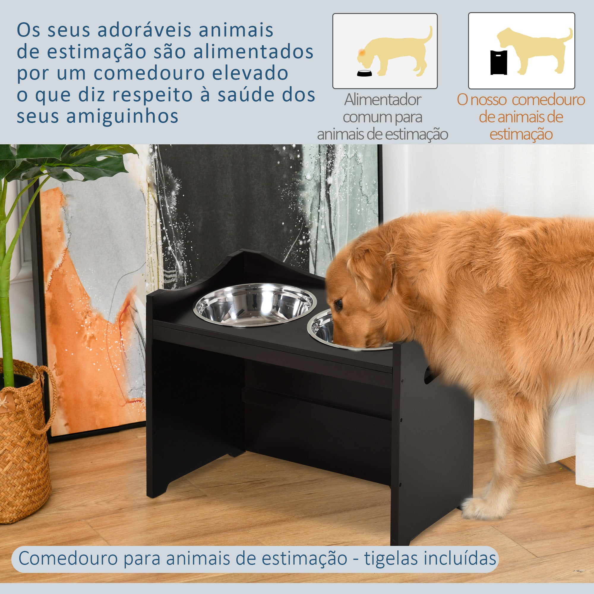 Comedouro para Cães Elevado – 54x31,5x47 cm – Marrom Escuro – MDF com Aço Inoxidável