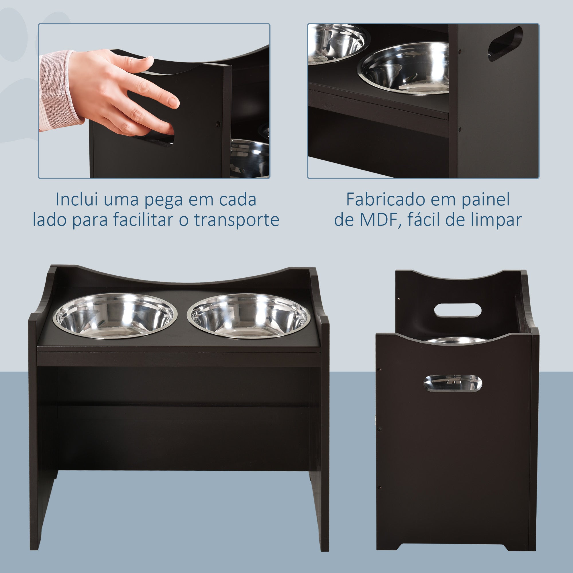 Comedouro para Cães Elevado – 54x31,5x47 cm – Marrom Escuro – MDF com Aço Inoxidável