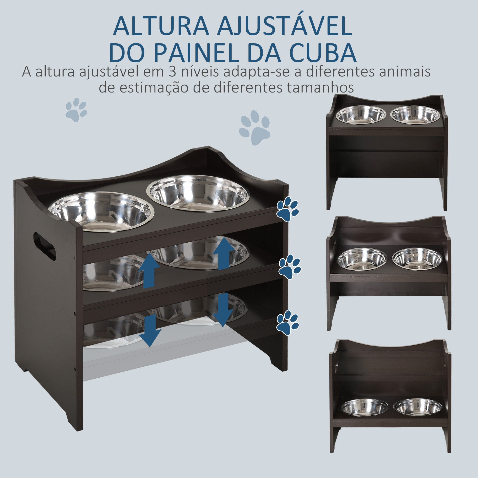Comedouro para Cães Elevado – 54x31,5x47 cm – Marrom Escuro – MDF com Aço Inoxidável