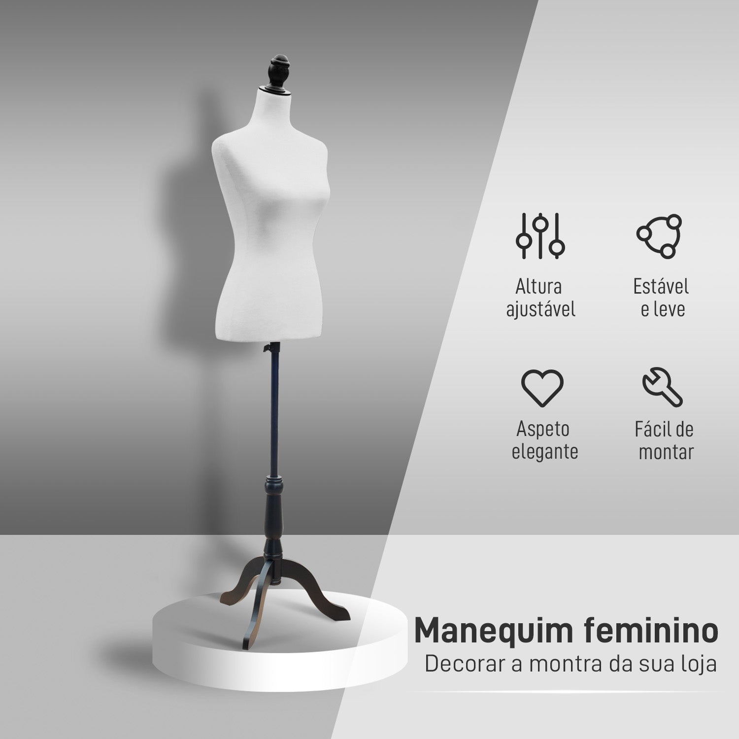 Manequim de Costura Feminino Ajustável – 130-168 cm – Branco – Polietileno, madeira de pinho, metal