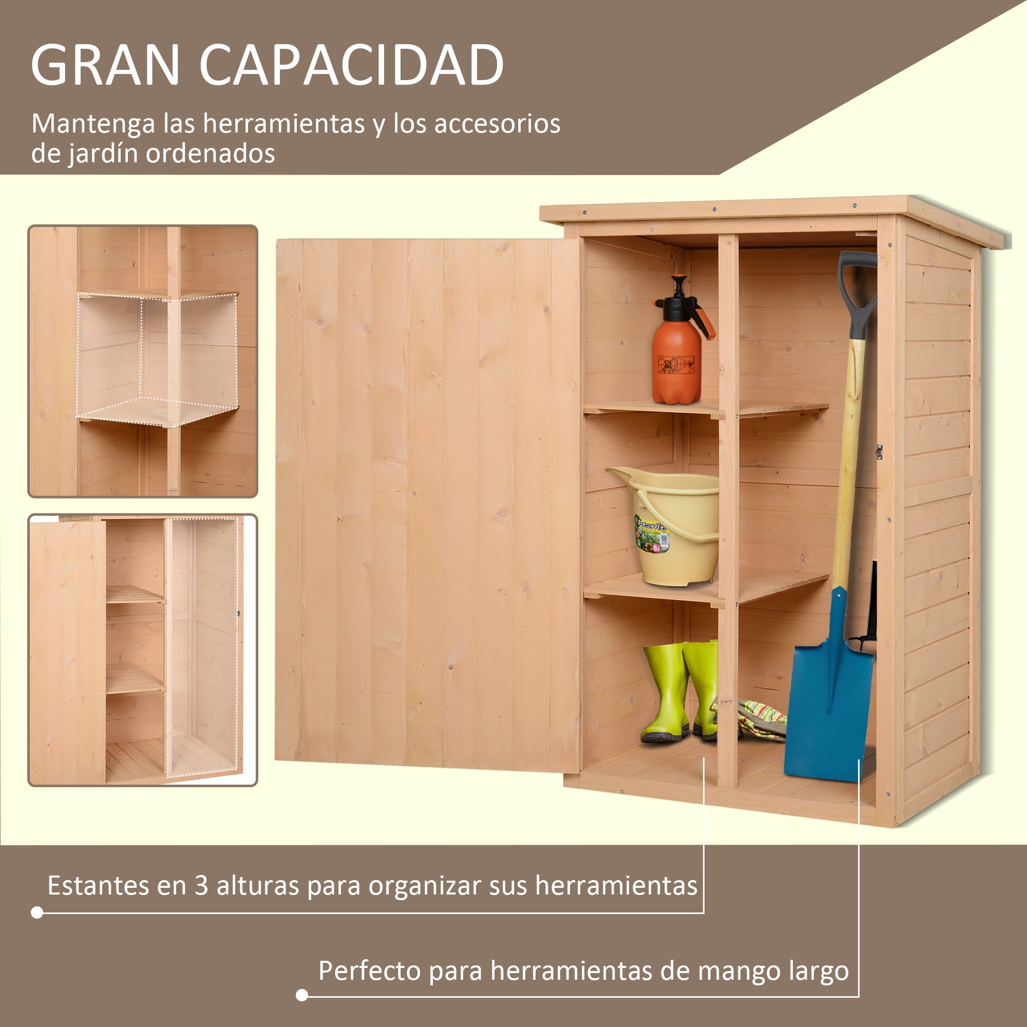 Armário de Jardim de Madeira Natural 75x56x115cm com 3 Prateleiras - Ideal para Ferramentas de Jardinagem