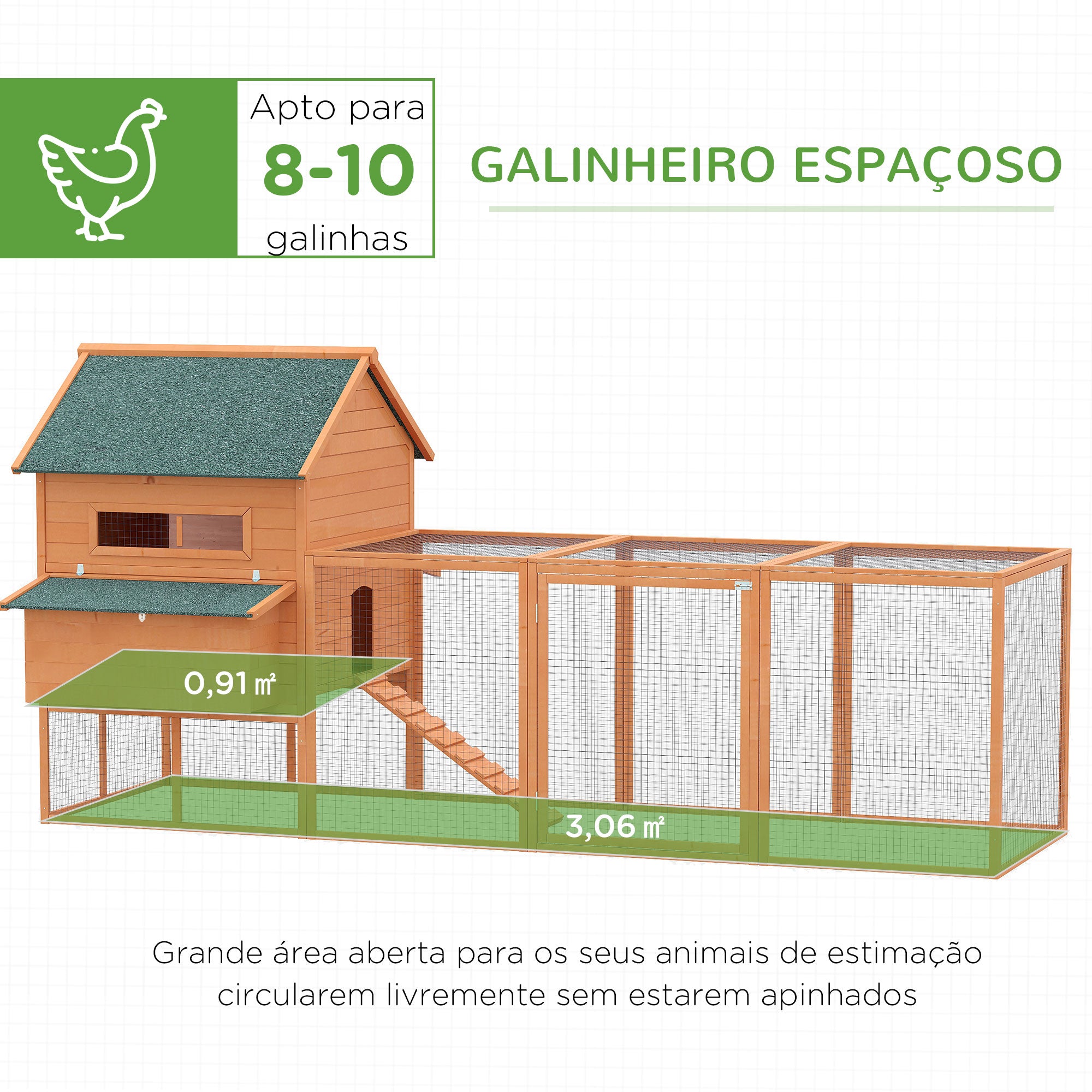 Galinheiro Grande para 8-10 Galinhas, Cor Madeira, 347x160x150 cm