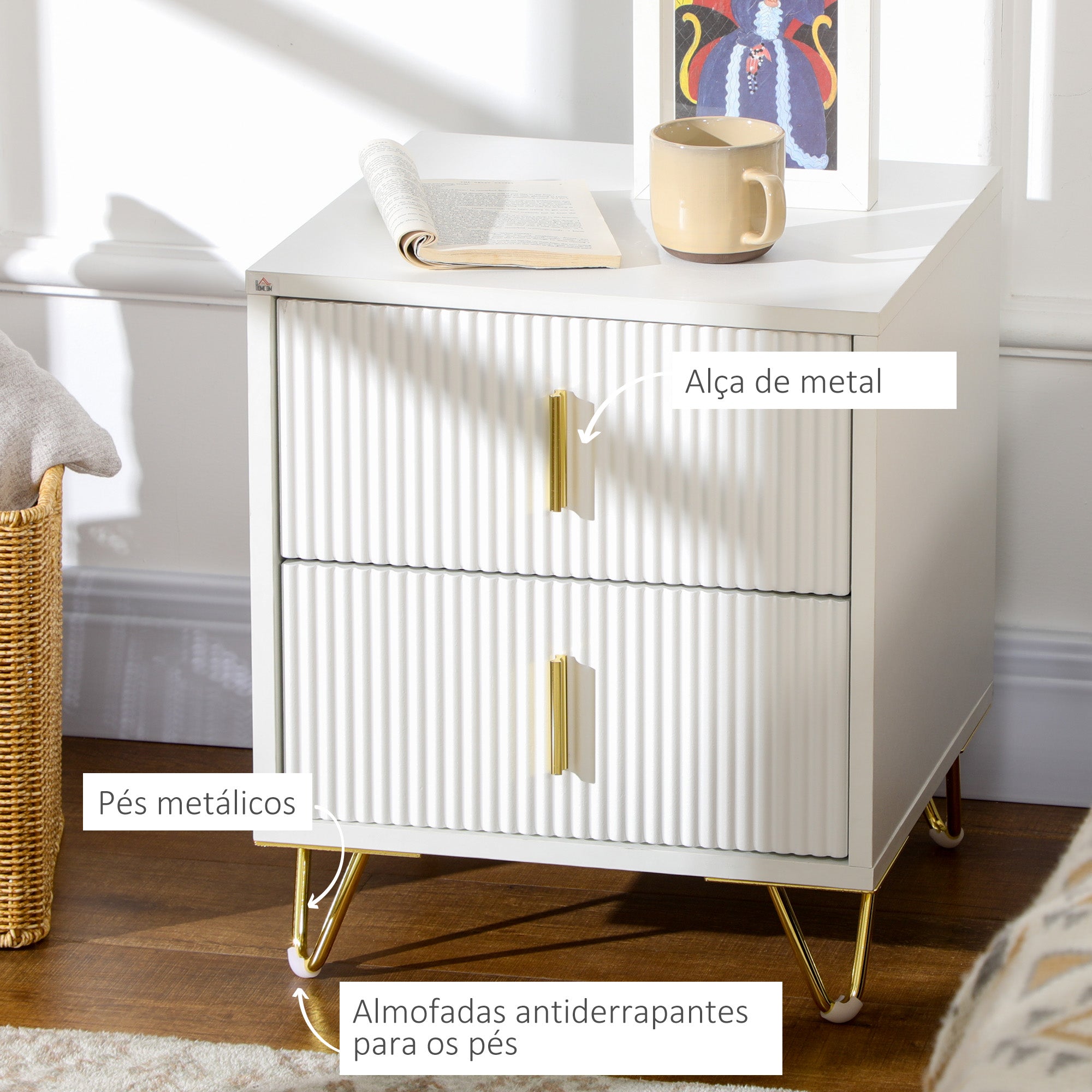 Mesa de Cabeceira com 2 Gavetas 40x40x47 cm Branco e Dourado