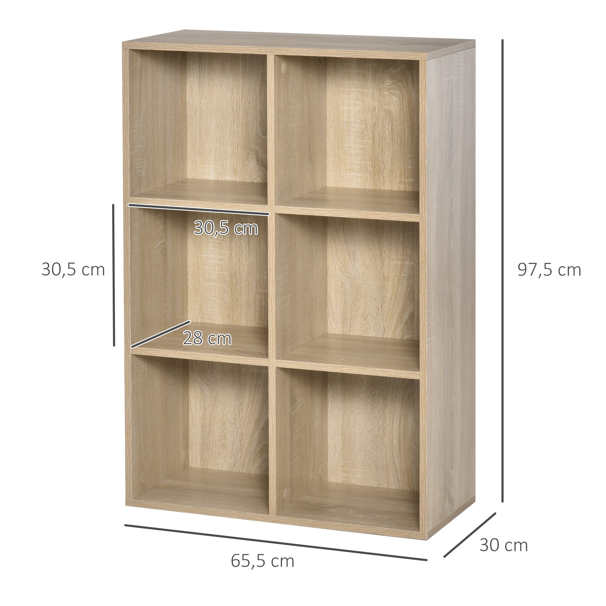 Estante de Madeira de 3 Níveis com 6 Compartimentos - 65,5x30x97,5cm - Cor de Carvalho