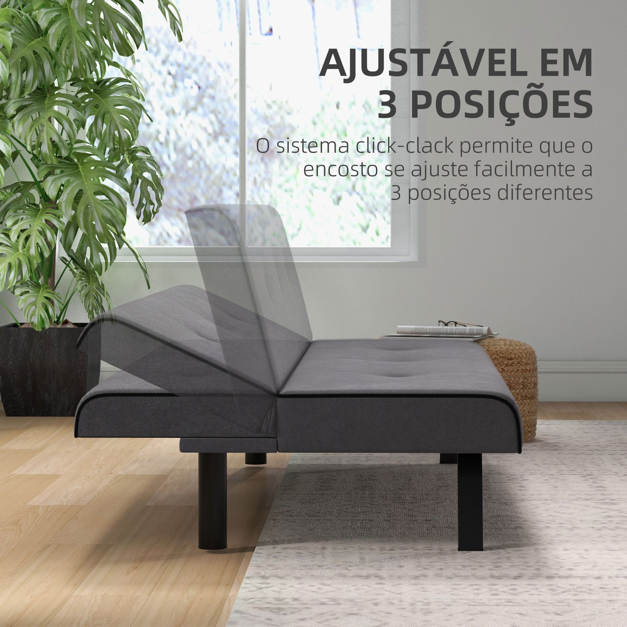 Sofá-cama 3 Lugares Cinza 170x76x72,5cm - Design 2 em 1 Dobrável