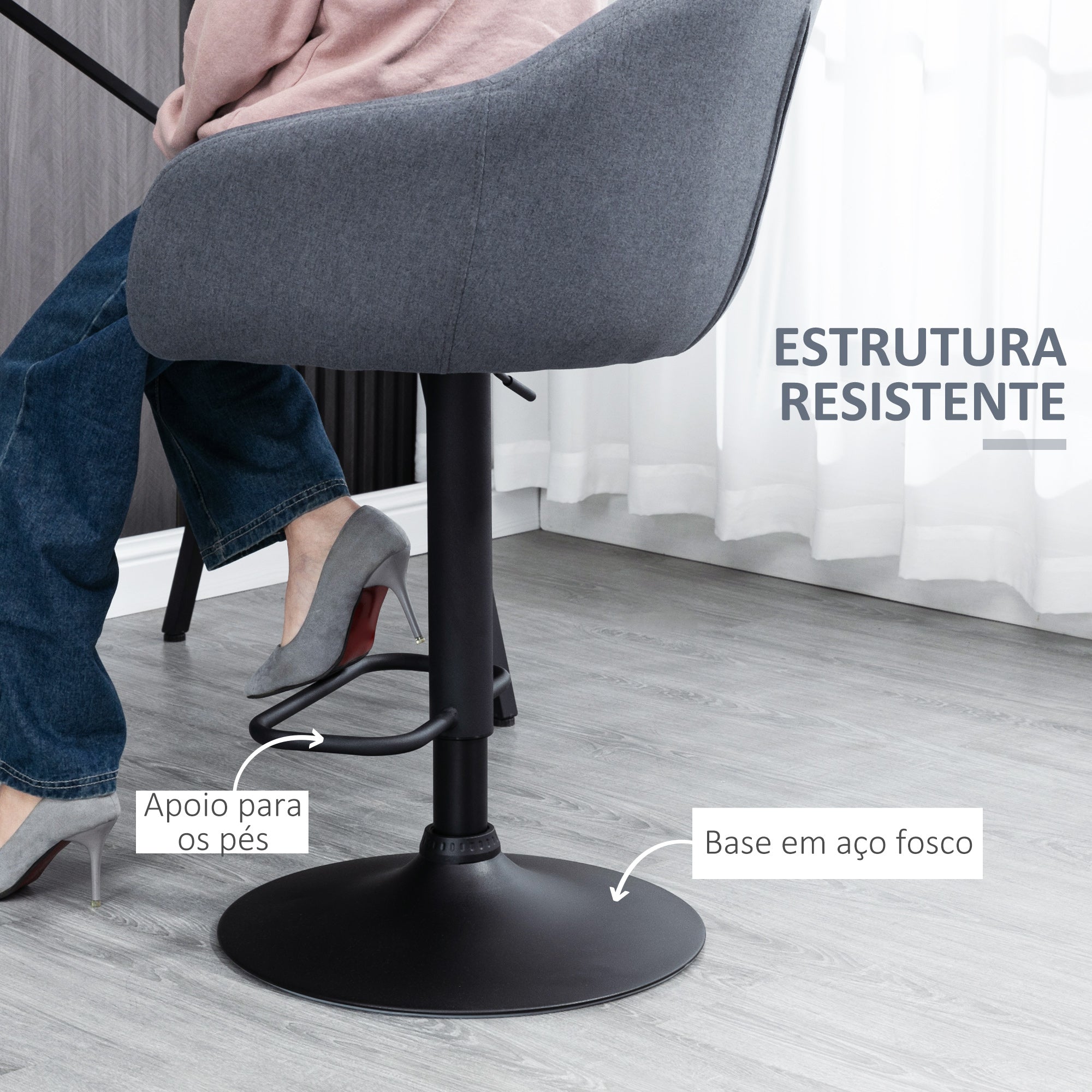 Banco Alto de Bar/Cozinha – 54x54x92-112 cm – Cinza Escuro – Aço