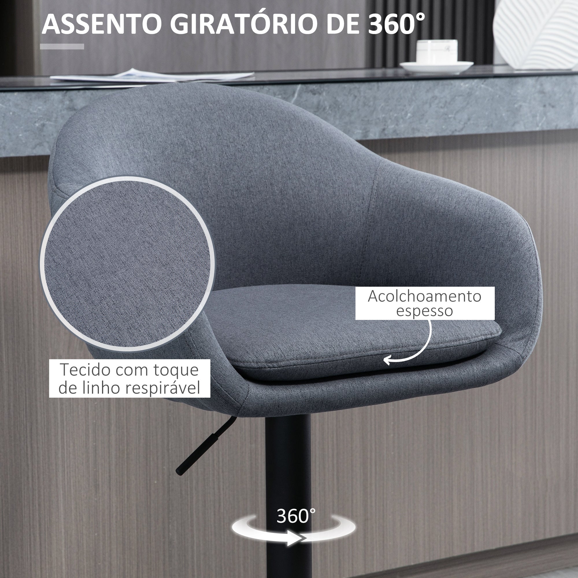 Banco Alto de Bar/Cozinha – 54x54x92-112 cm – Cinza Escuro – Aço