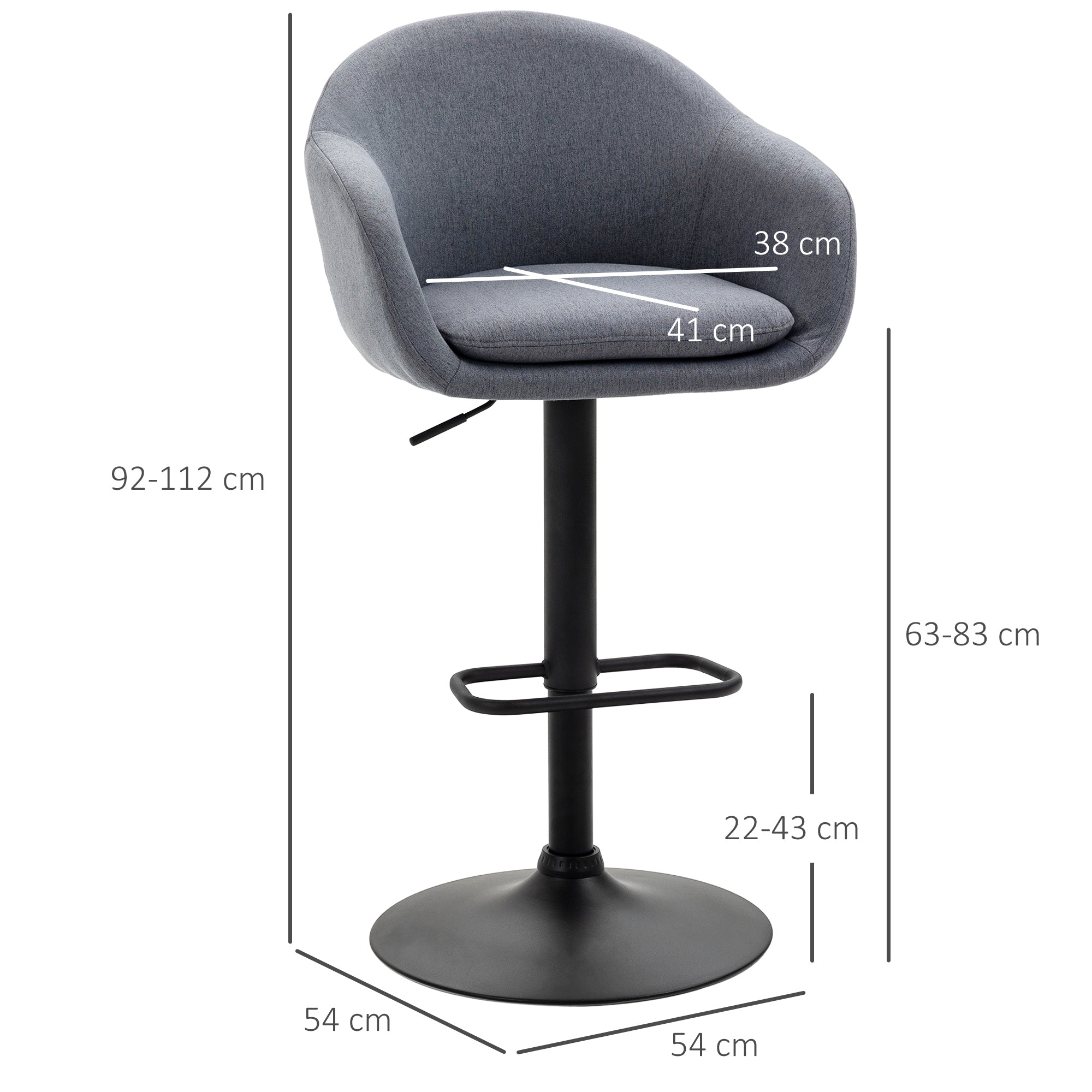 Banco Alto de Bar/Cozinha – 54x54x92-112 cm – Cinza Escuro – Aço