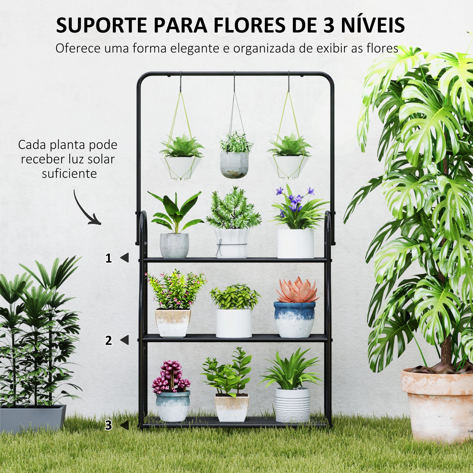 Suporte para Plantas 3 Níveis 75x25x137 cm - Preto