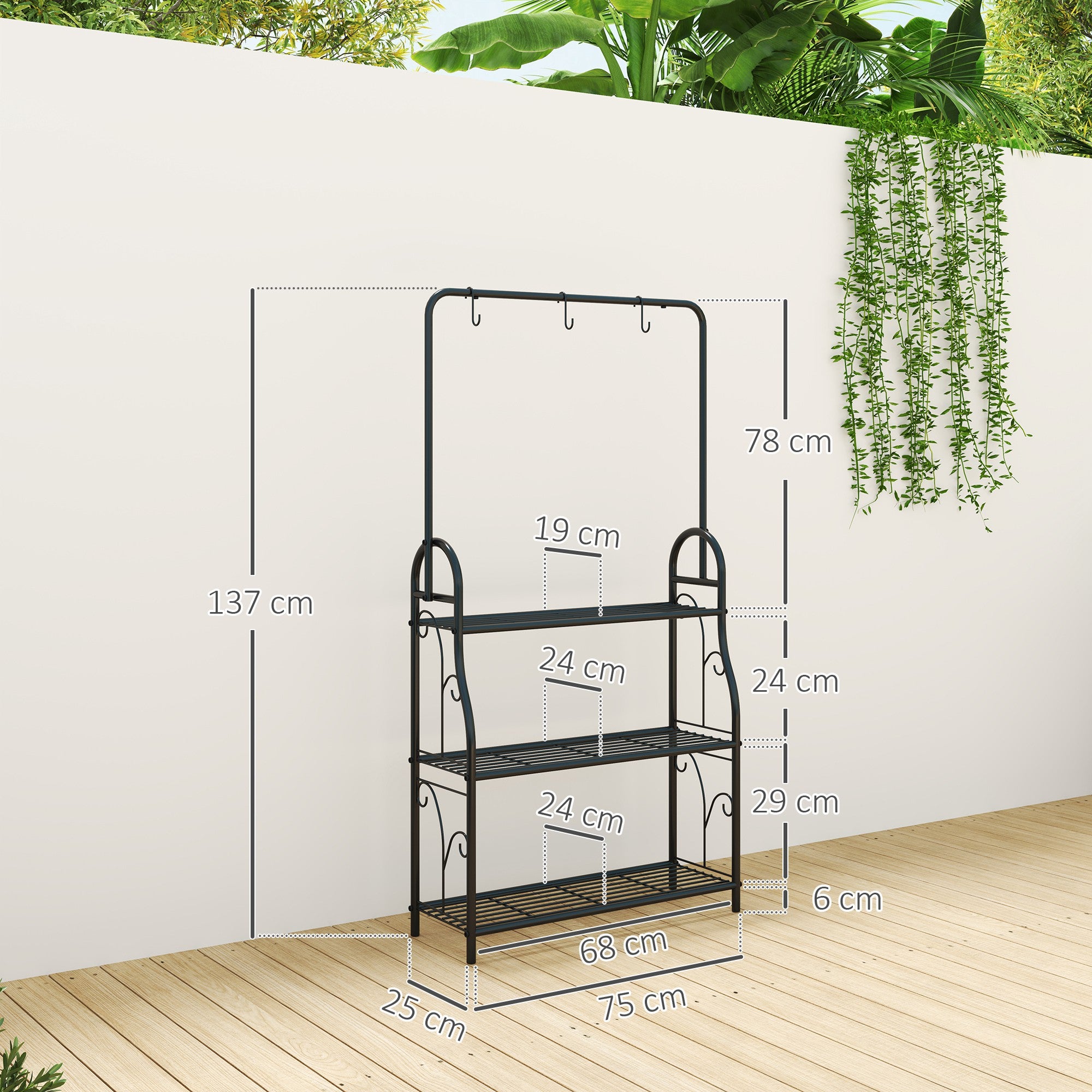 Suporte para Plantas 3 Níveis 75x25x137 cm - Preto