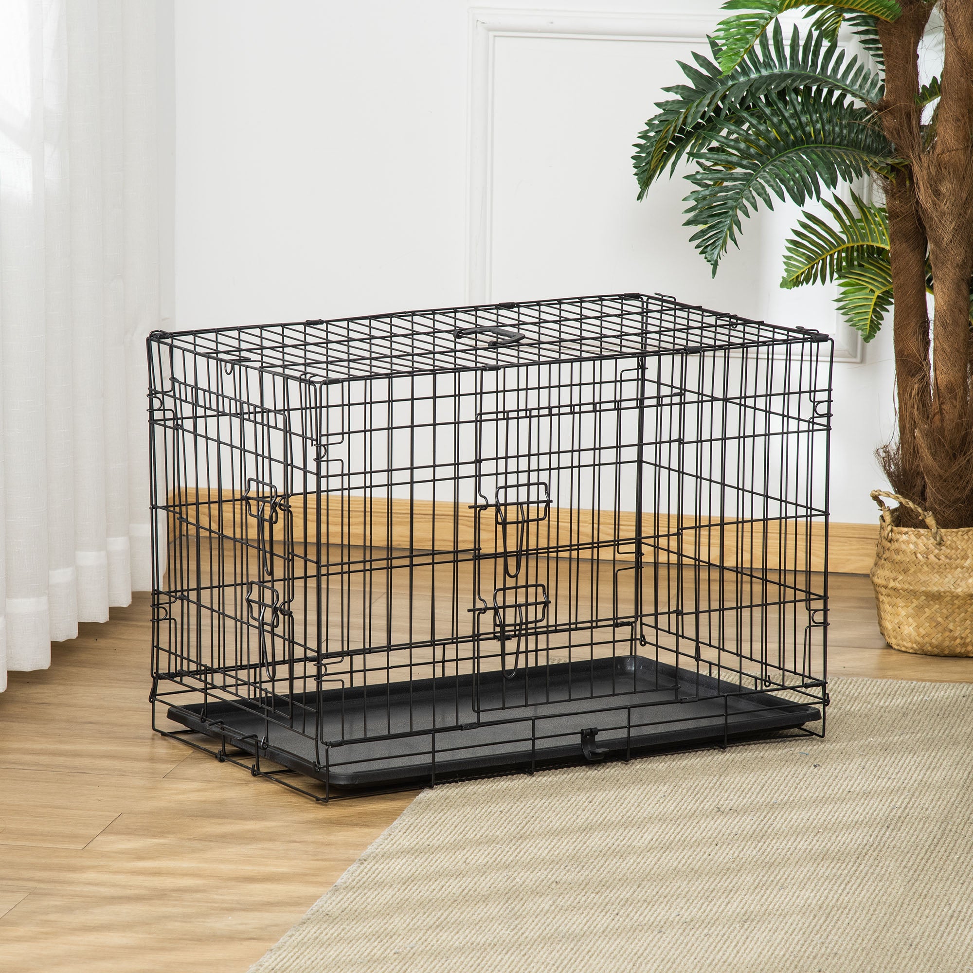 Gaiola para Cães 76x46x52cm Preto - Gaiola de Aço Dobrável com 2 Portas e Alça de Transporte