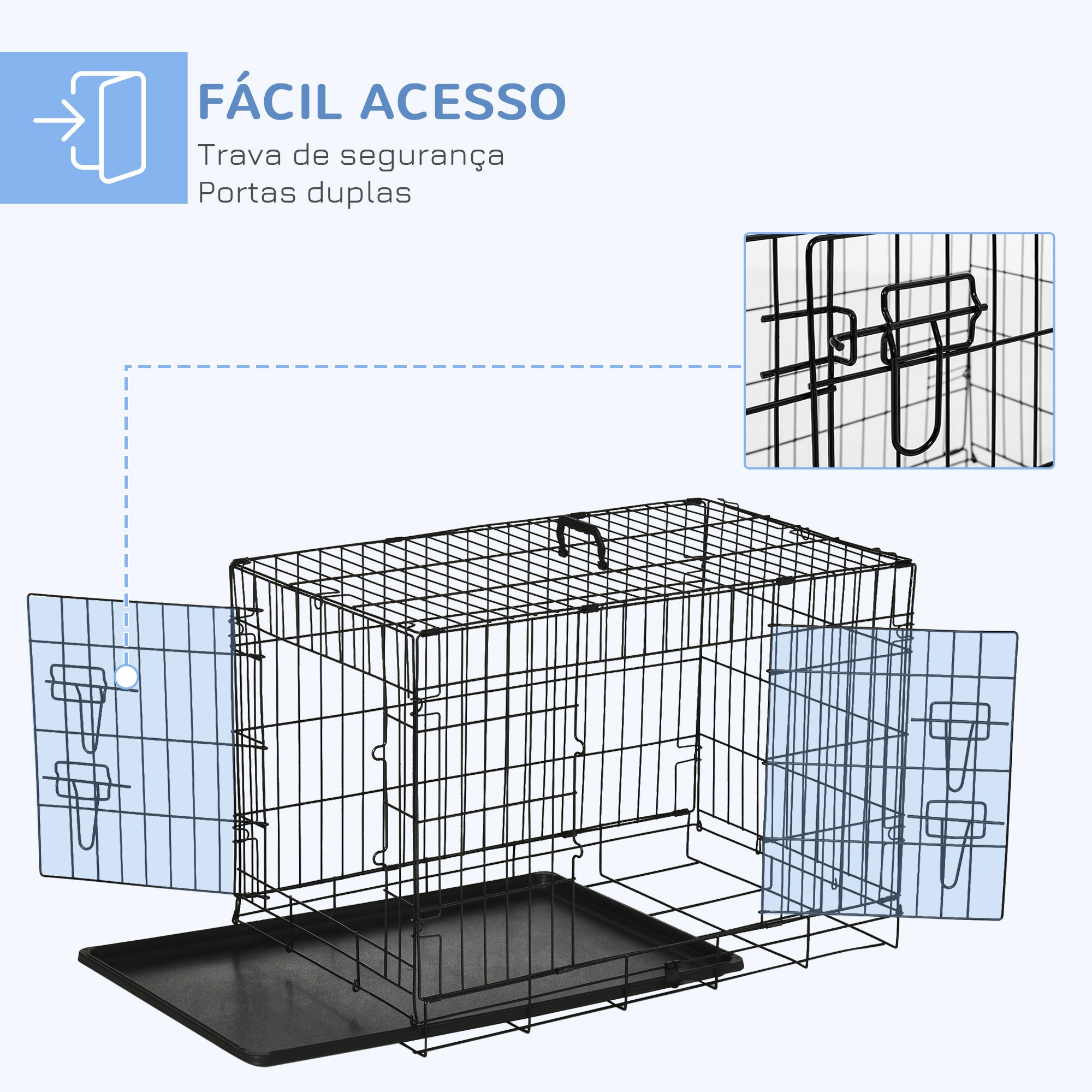 Gaiola para Cães 76x46x52cm Preto - Gaiola de Aço Dobrável com 2 Portas e Alça de Transporte