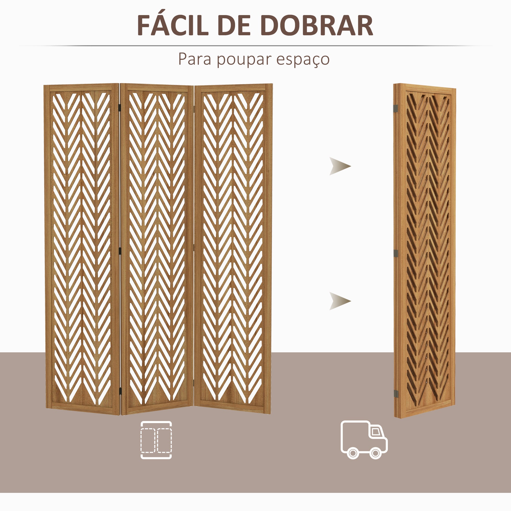 Biombo de 3 Painéis – 120x1,7x170 cm – Cor de Madeira Natural – Madeira