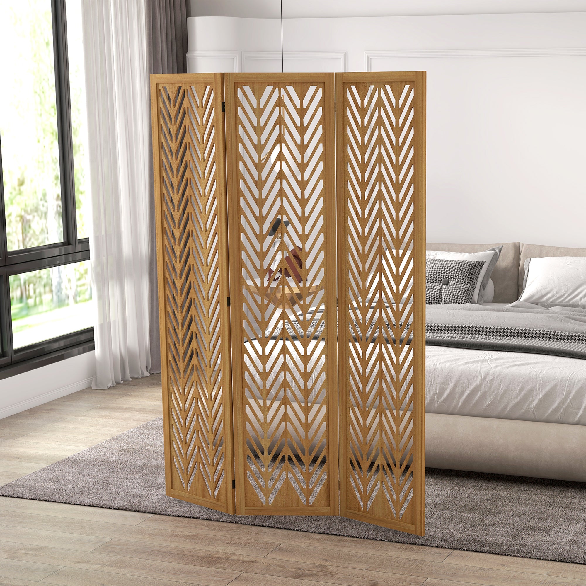 Biombo de 3 Painéis – 120x1,7x170 cm – Cor de Madeira Natural – Madeira