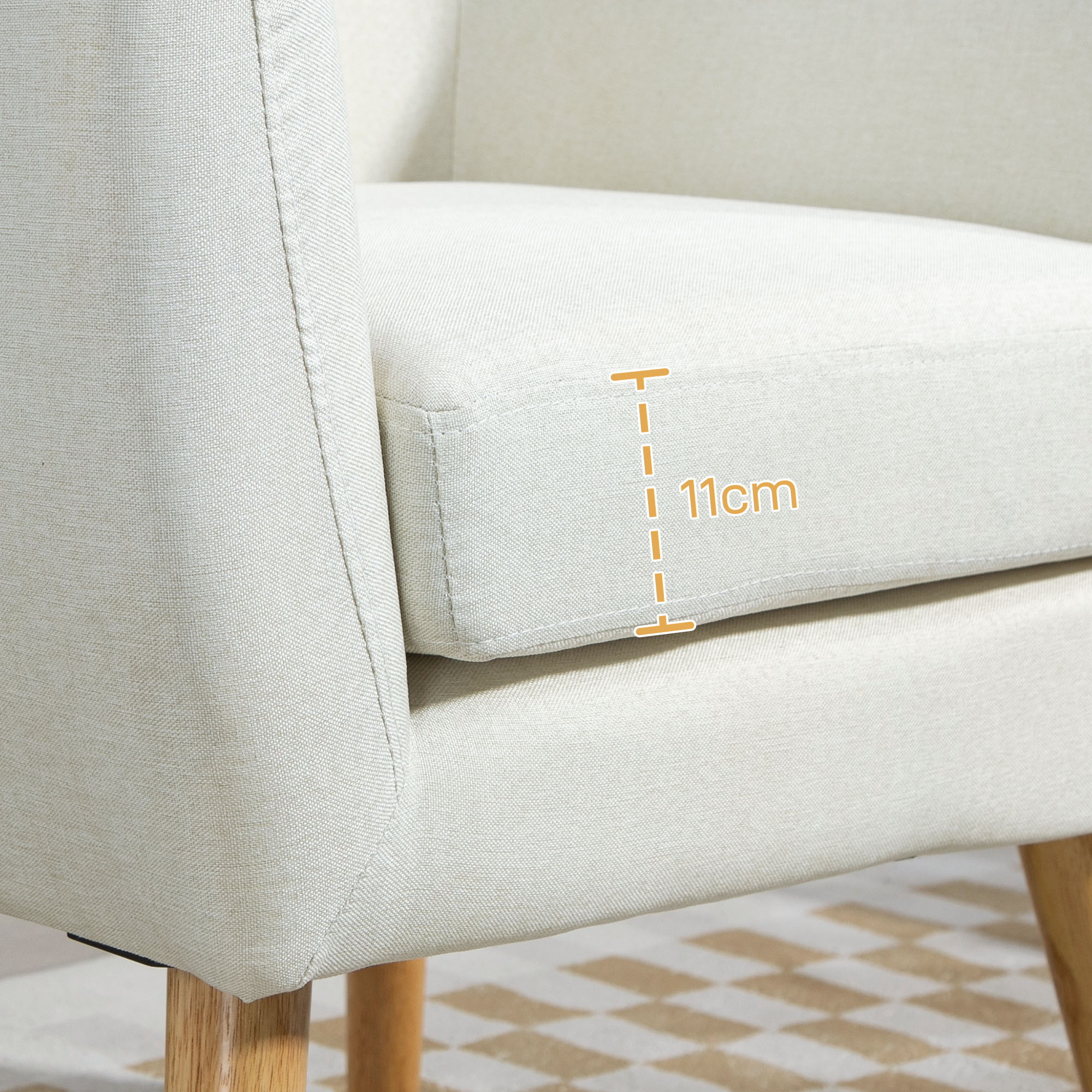 Poltrona de Sala de Estar – 68x58,5x76 cm – Cor Creme Branco – Tecido de linho, madeira e espuma
