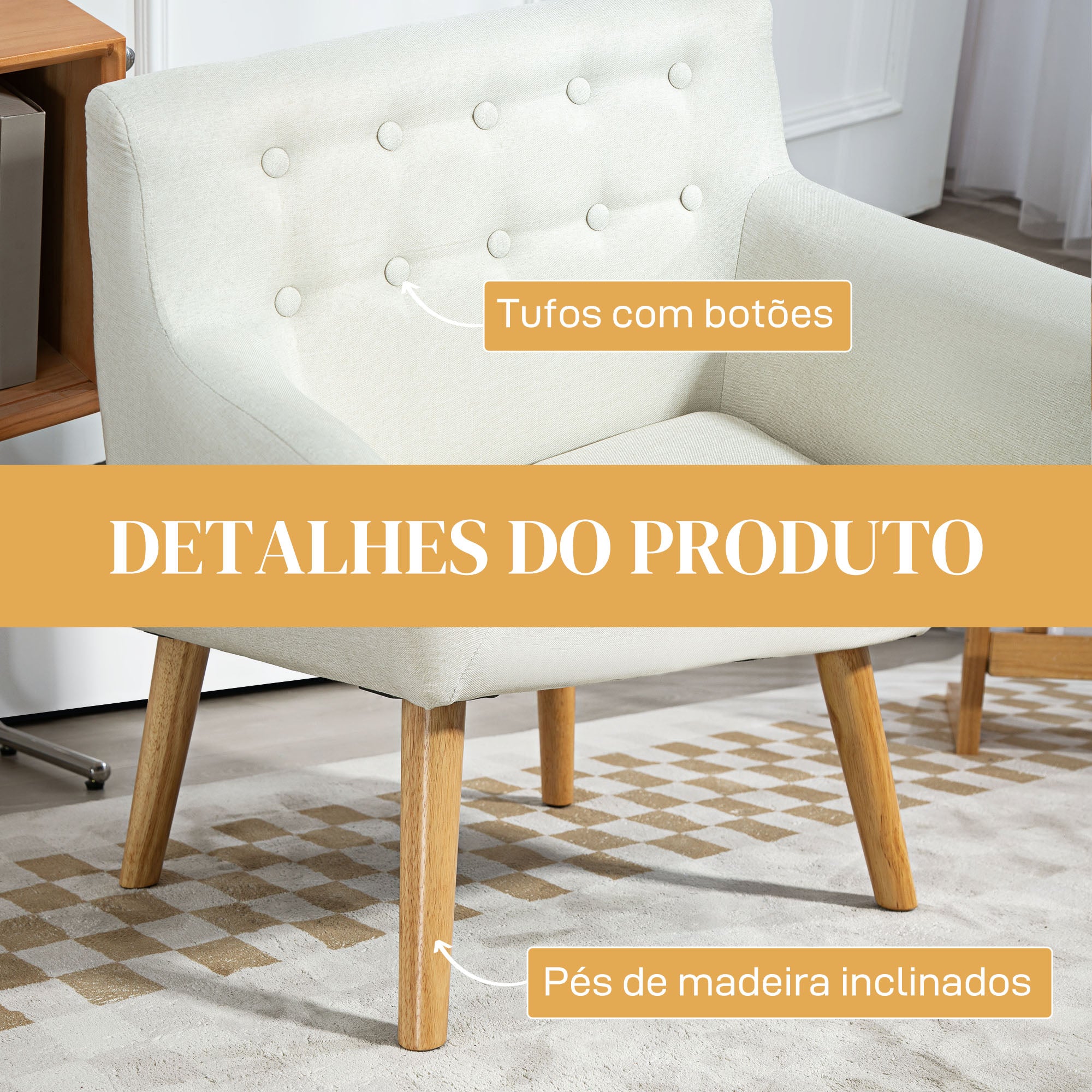 Poltrona de Sala de Estar – 68x58,5x76 cm – Cor Creme Branco – Tecido de linho, madeira e espuma