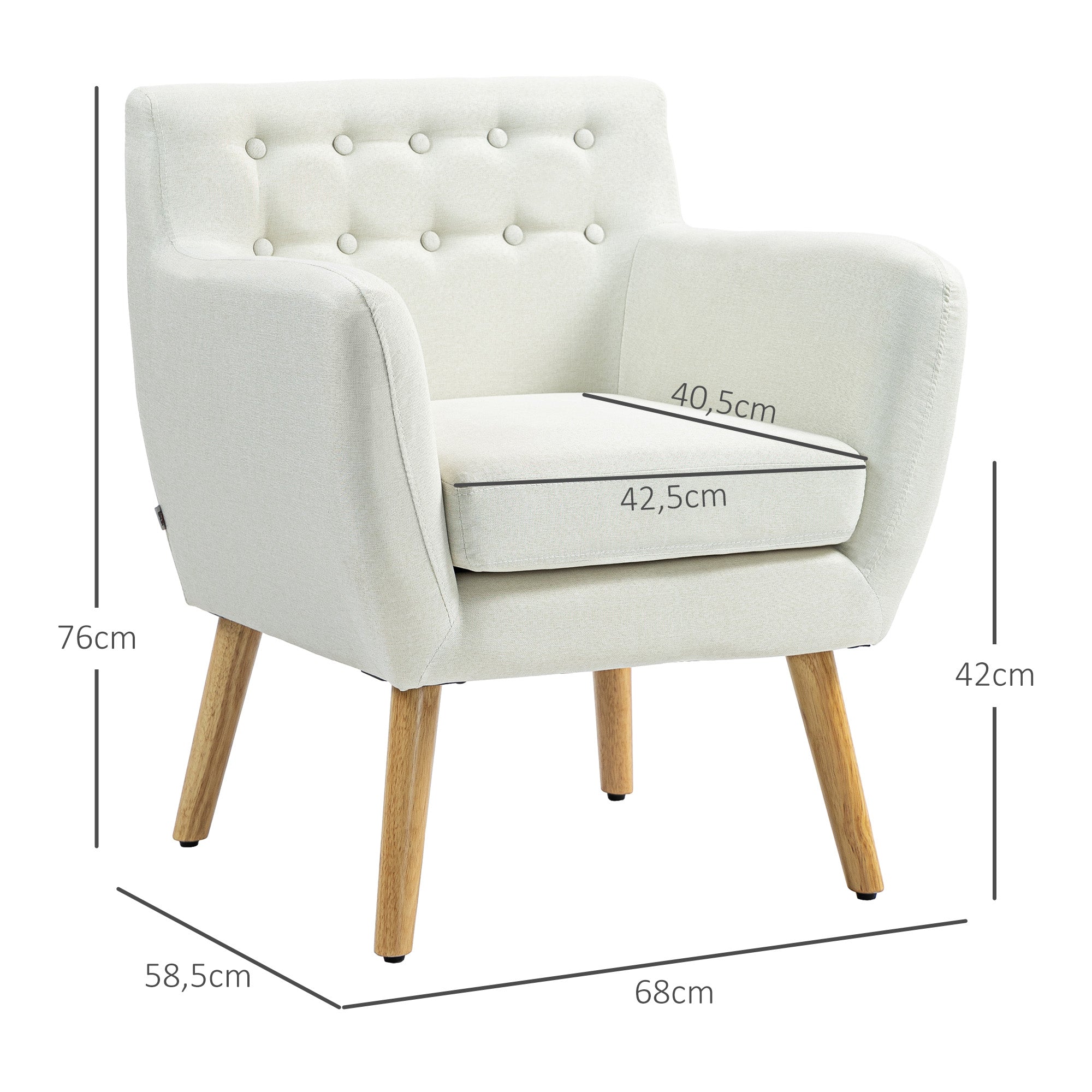 Poltrona de Sala de Estar – 68x58,5x76 cm – Cor Creme Branco – Tecido de linho, madeira e espuma