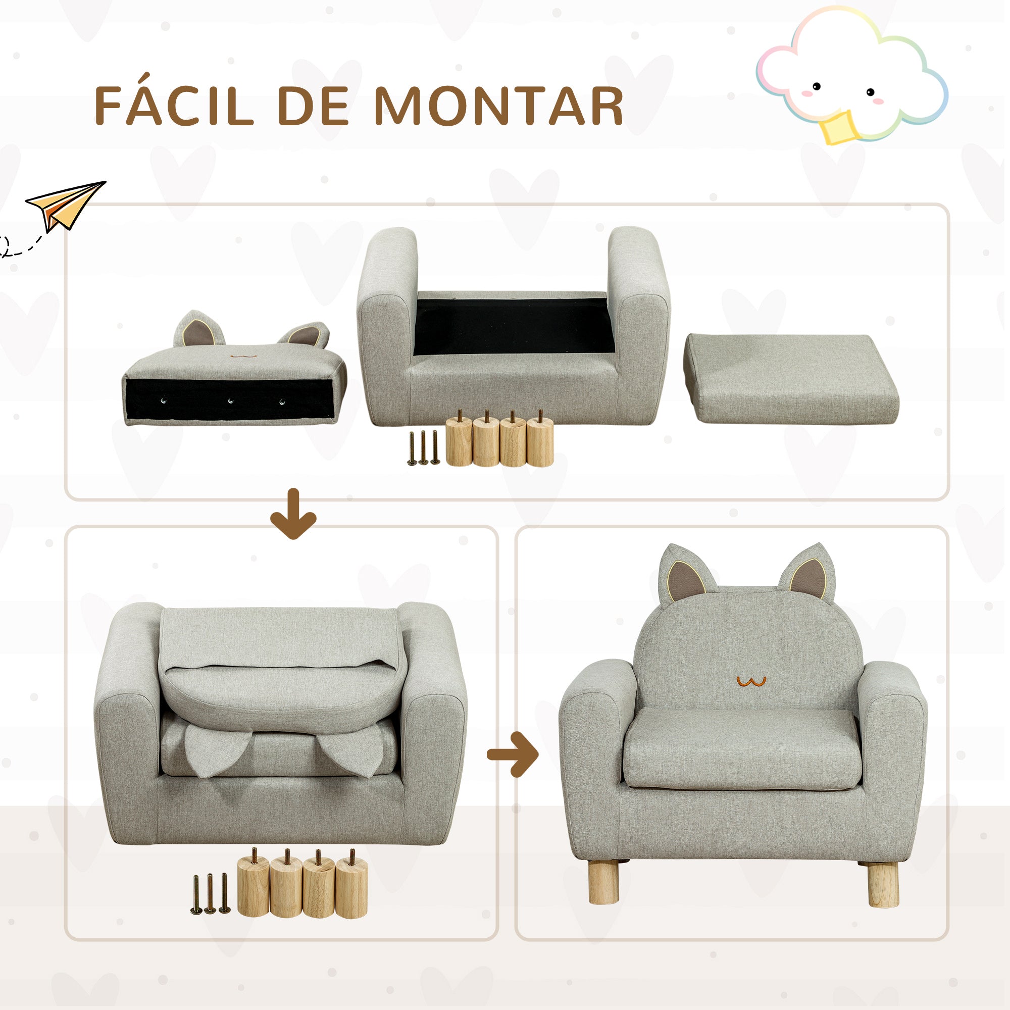 Poltrona Infantil Mini Sofá – 60x42x50 cm – Cinza – Madeira de Eucalipto