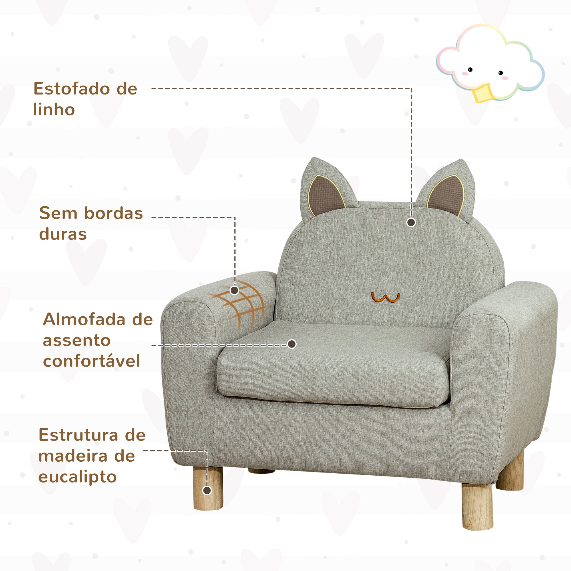 Poltrona Infantil Mini Sofá – 60x42x50 cm – Cinza – Madeira de Eucalipto
