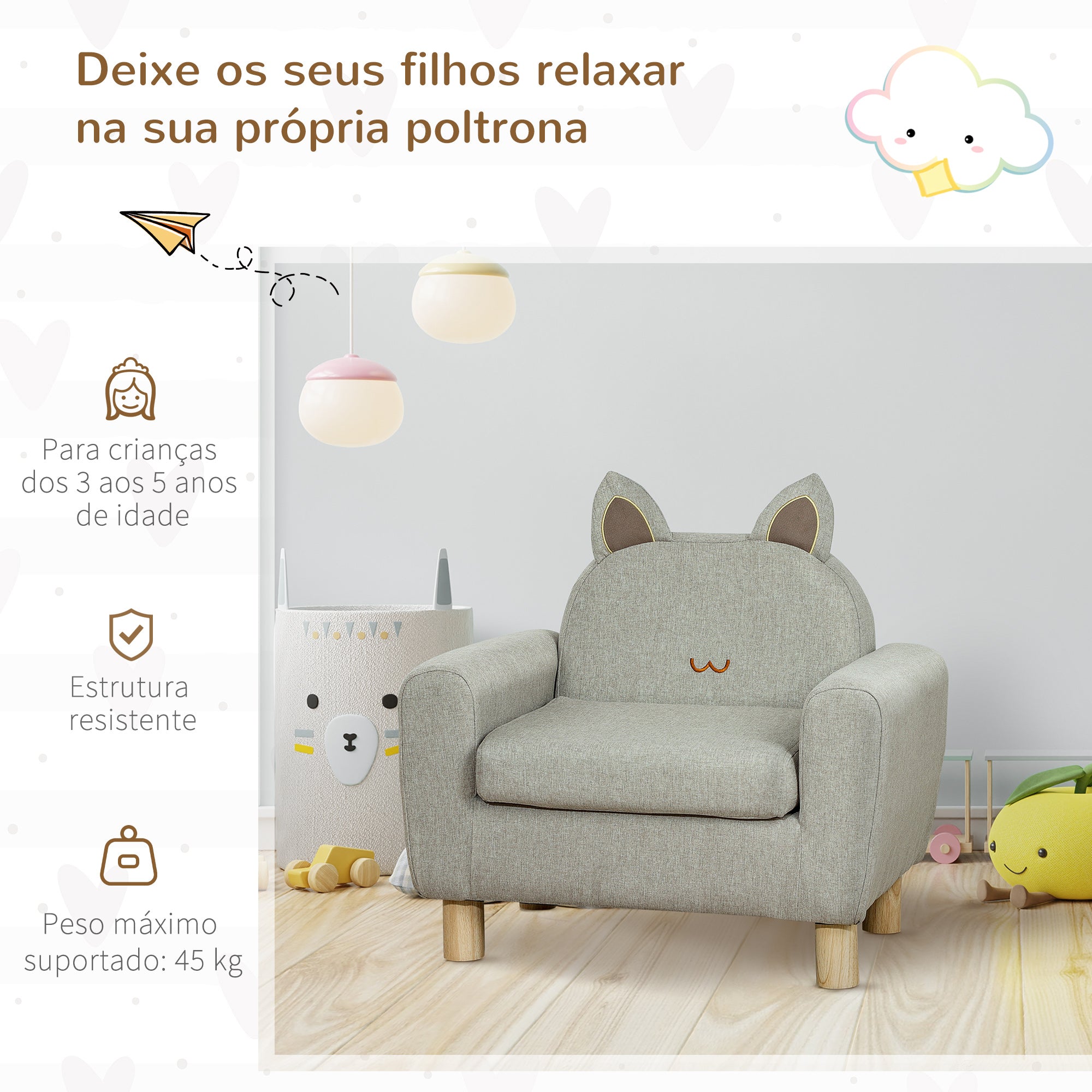 Poltrona Infantil Mini Sofá – 60x42x50 cm – Cinza – Madeira de Eucalipto