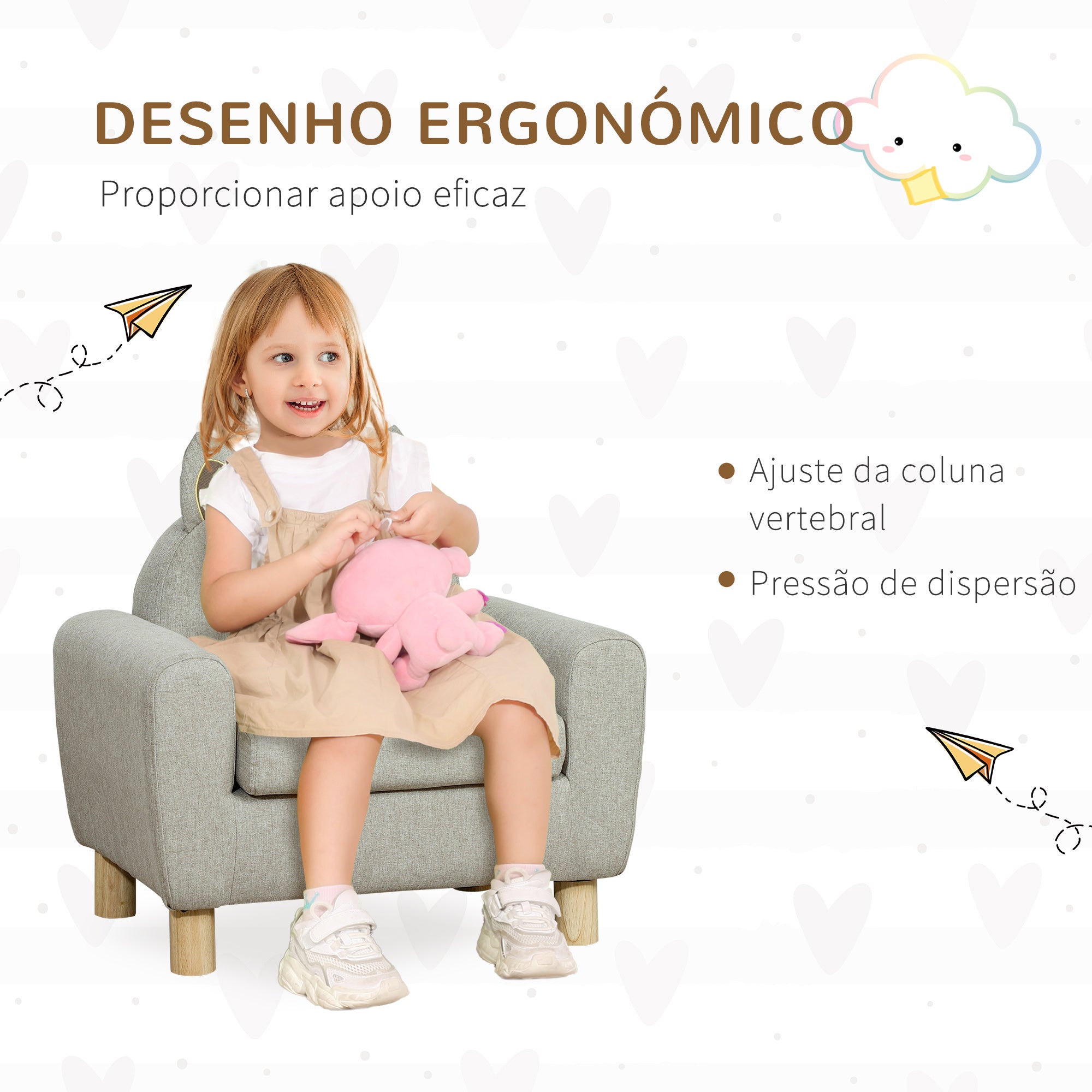 Poltrona Infantil Mini Sofá – 60x42x50 cm – Cinza – Madeira de Eucalipto