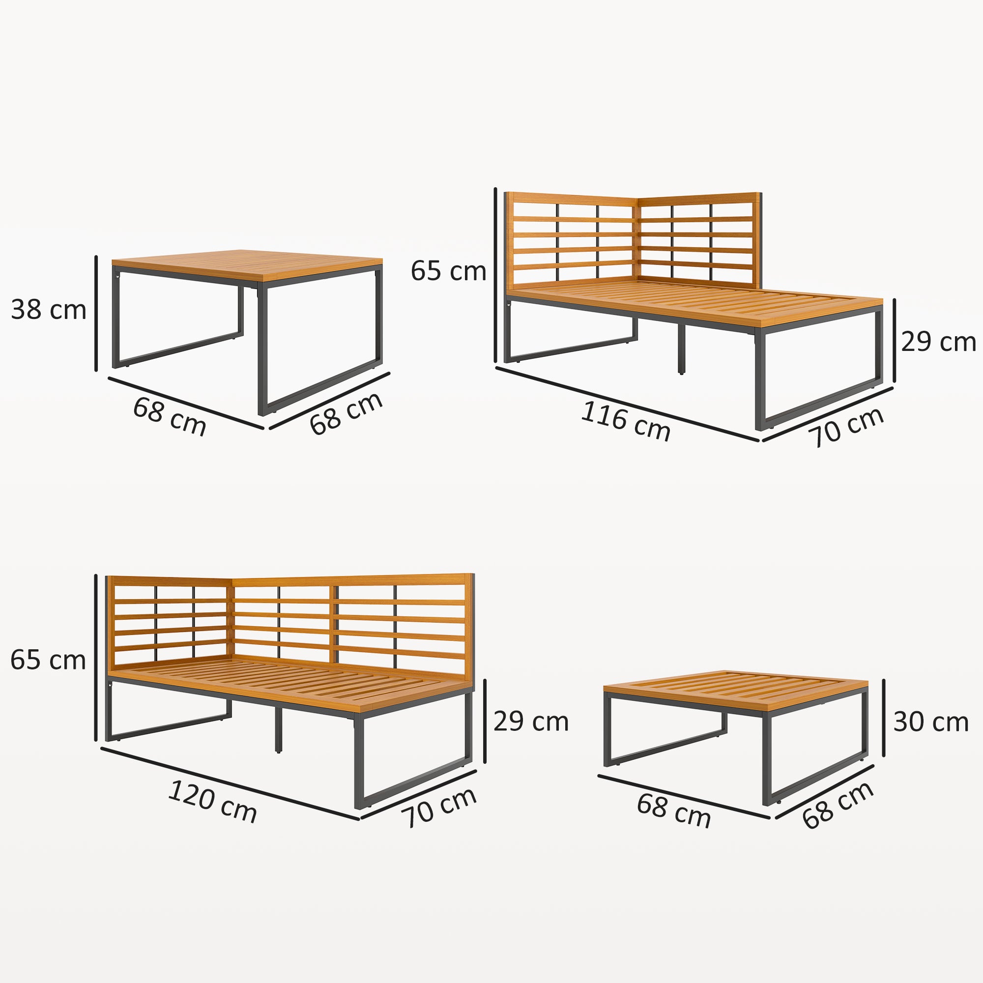 Conjunto de Jardim 4 Peças 120x70x65 cm Cinzento e Madeira