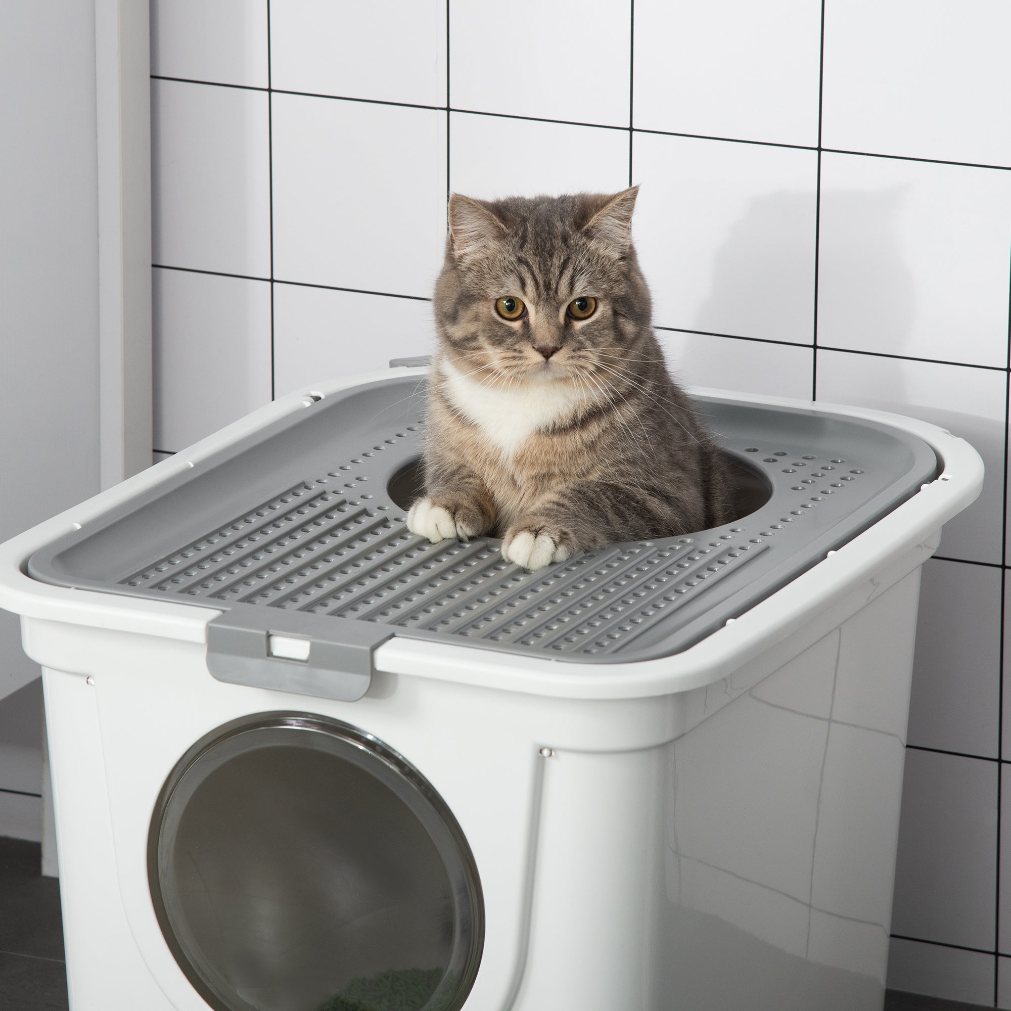 Caixa de Areia Coberta para Gatos – 44x55x39 cm – Branco – Plástico