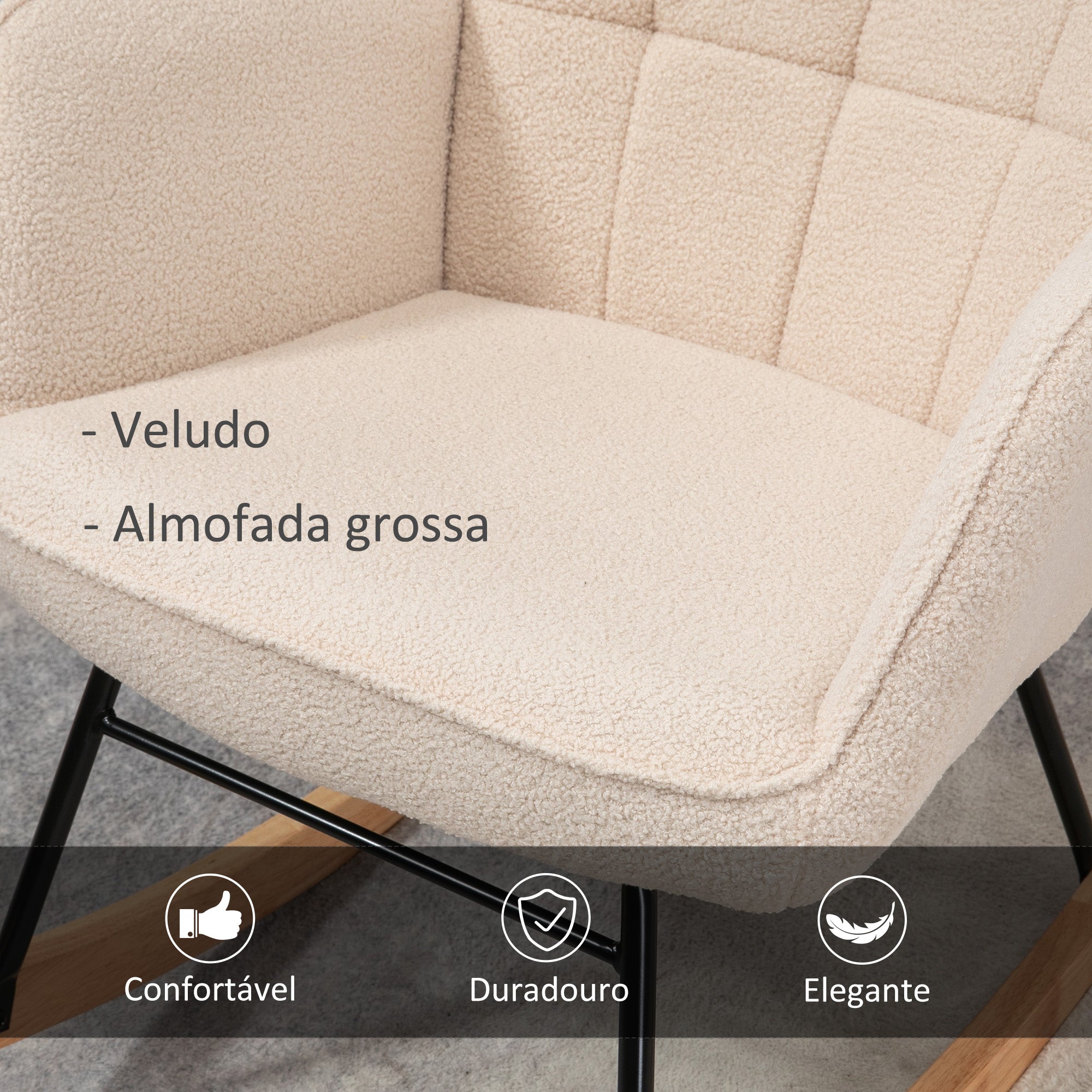 Poltrona de Baloiço – 71x92x101 cm – Bege – Veludo, Madeira e Aço