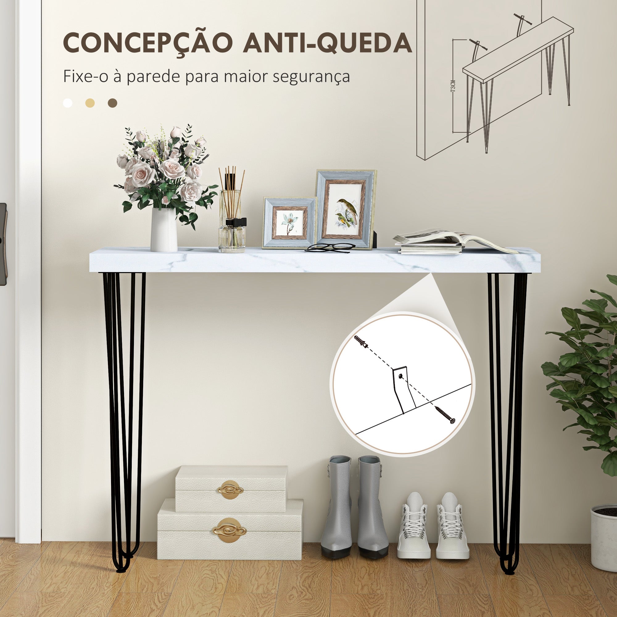 Mesa Consola Moderna Branca 110x25x79,5 cm com Pernas de Aço Anti-Tombo