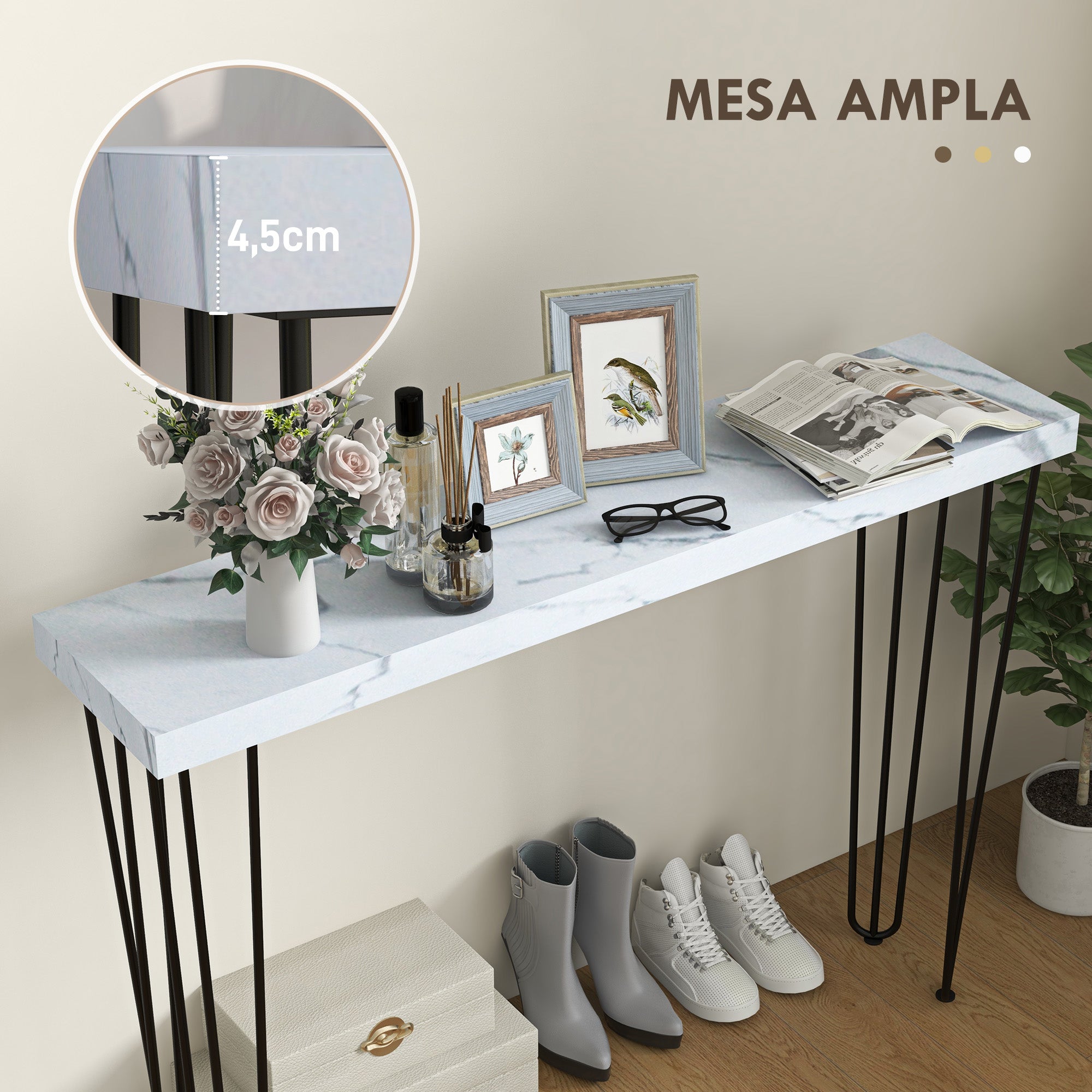 Mesa Consola Moderna Branca 110x25x79,5 cm com Pernas de Aço Anti-Tombo