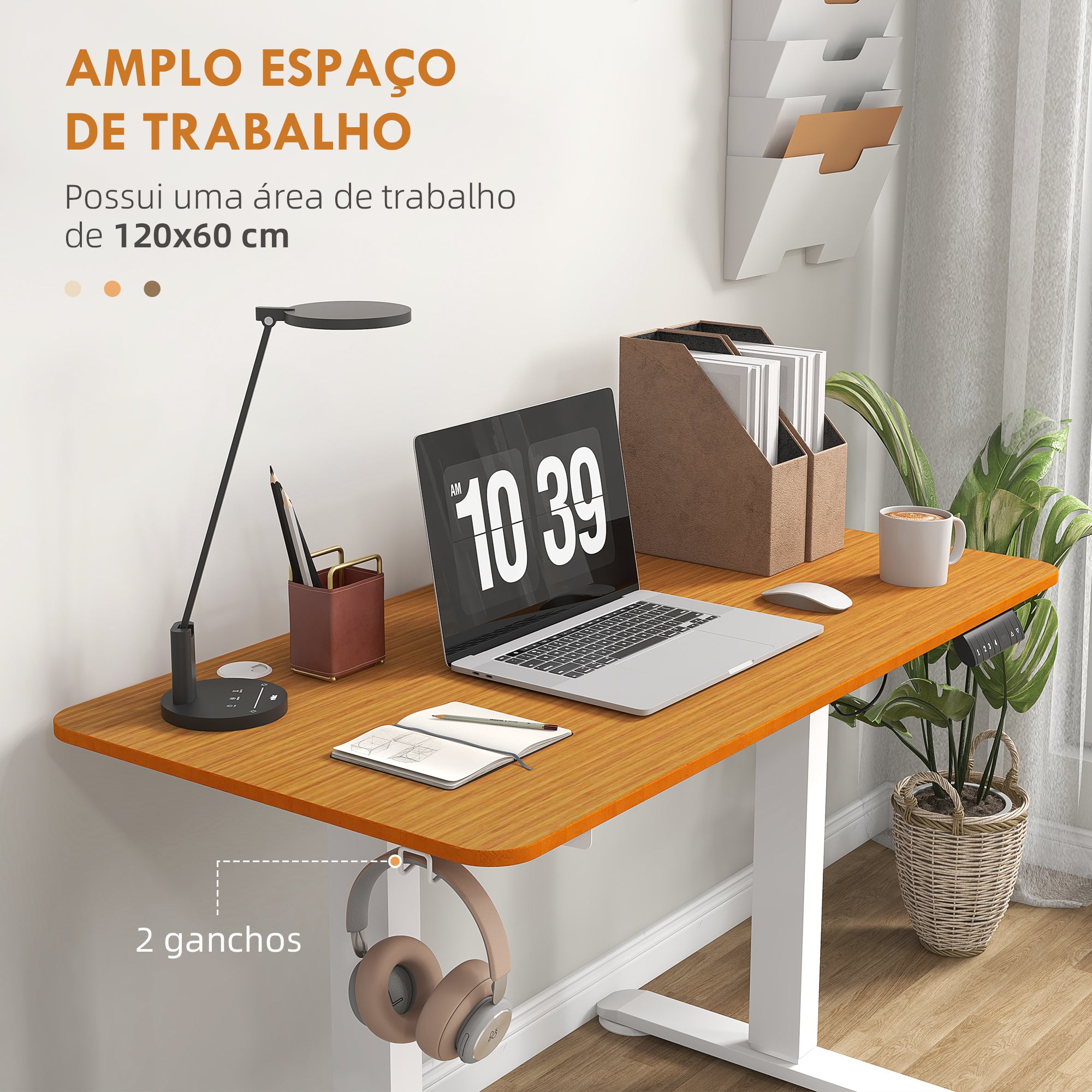 Secretária Elétrica Ajustável em Altura – 120x60 cm – Branco – Madeira e Aço