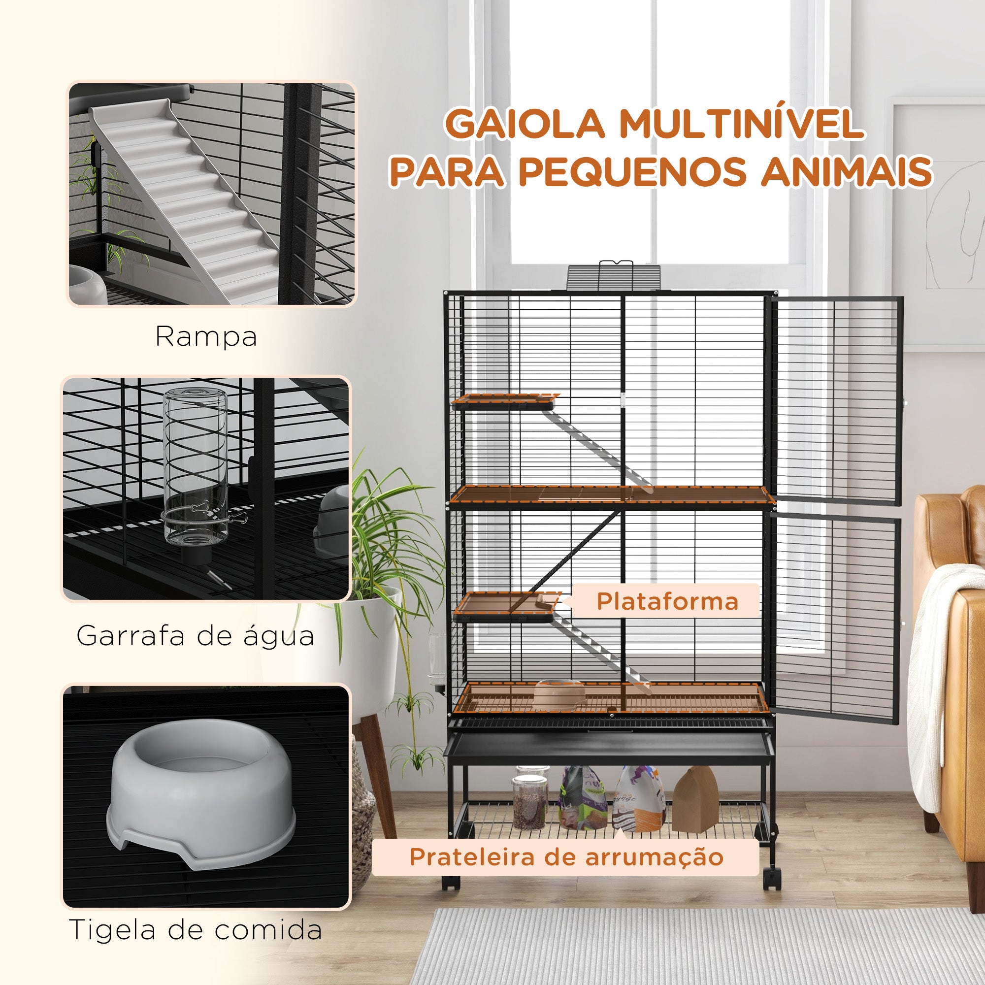 Gaiola para Animais Pequenos 78x45,5x136 cm - Preto