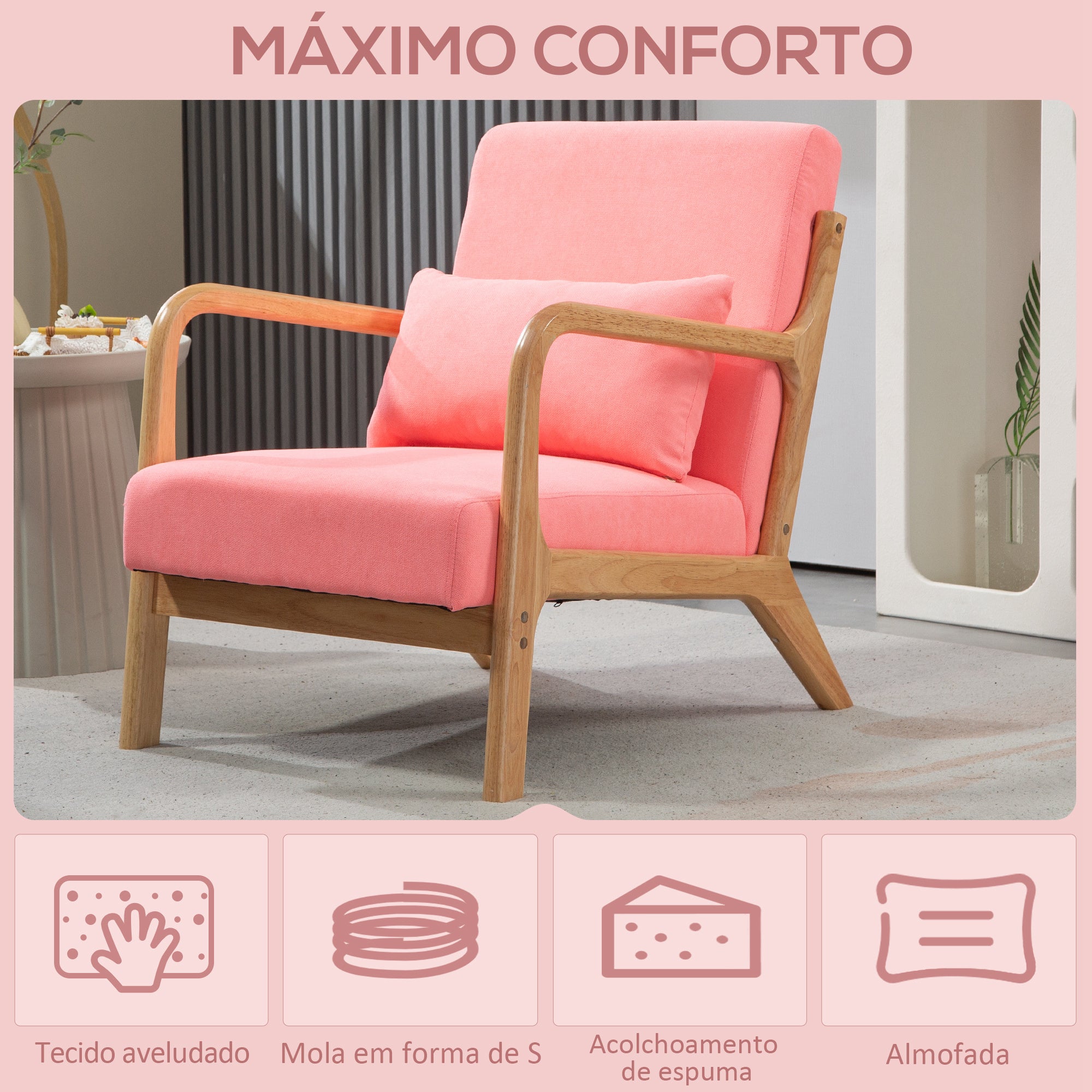 Poltrona Individual Acolchoada – 61x78x76 cm – Rosa – Veludo