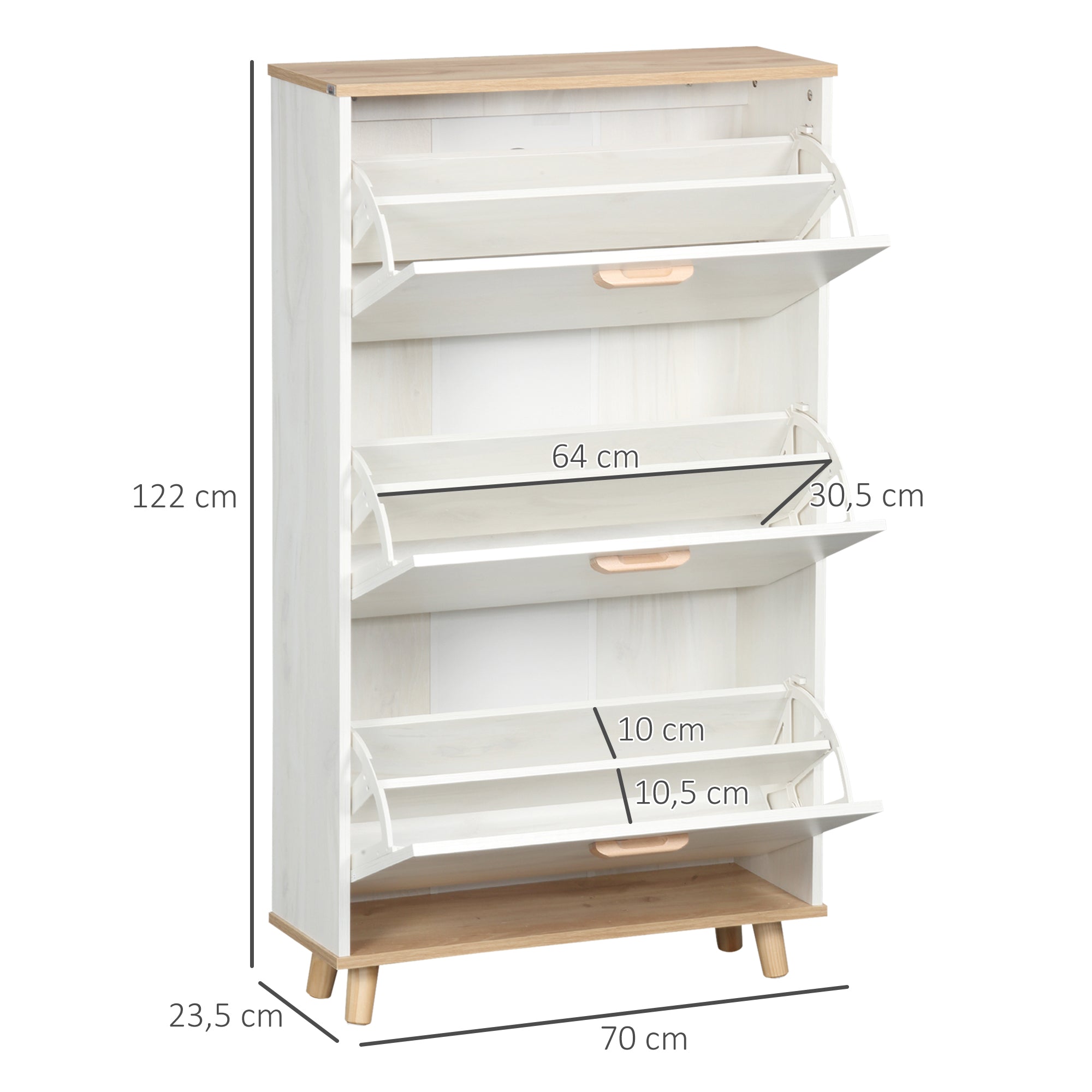 Sapateira Moderna com 3 Gavetas Abatíveis para 12 Pares de Sapatos 70x23,5x122cm Branco e Madeira