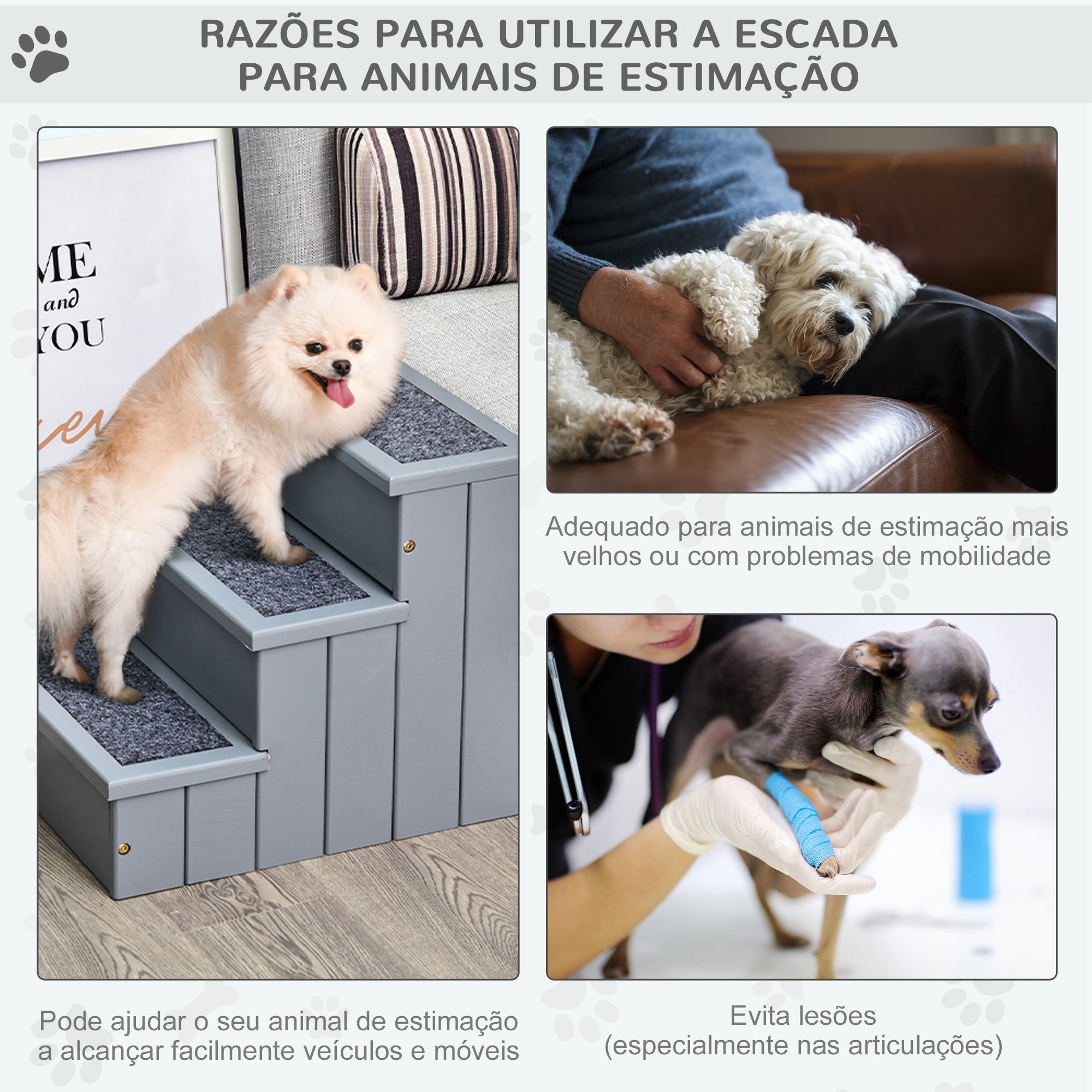Escada para Animais de Estimação com 3 Degraus - 40,5x44,5x38 cm - Cinza