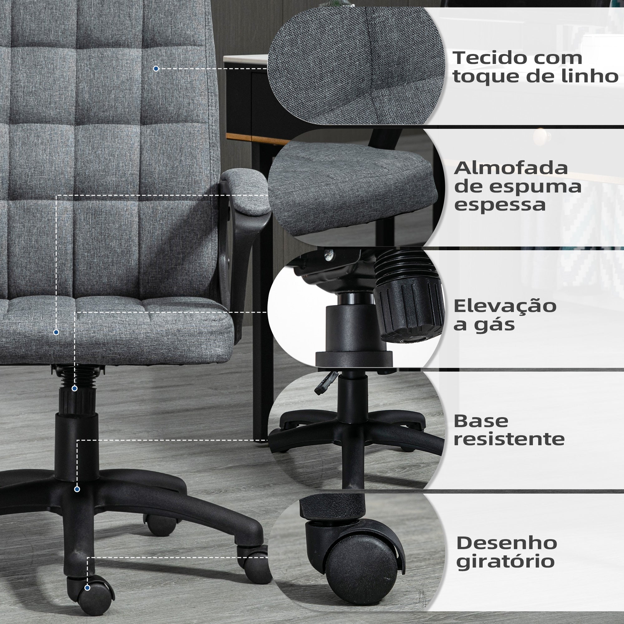 Cadeira de Escritório Giratória – 59x63x96-105,5 cm – Cinza – Tecido de linho sintético