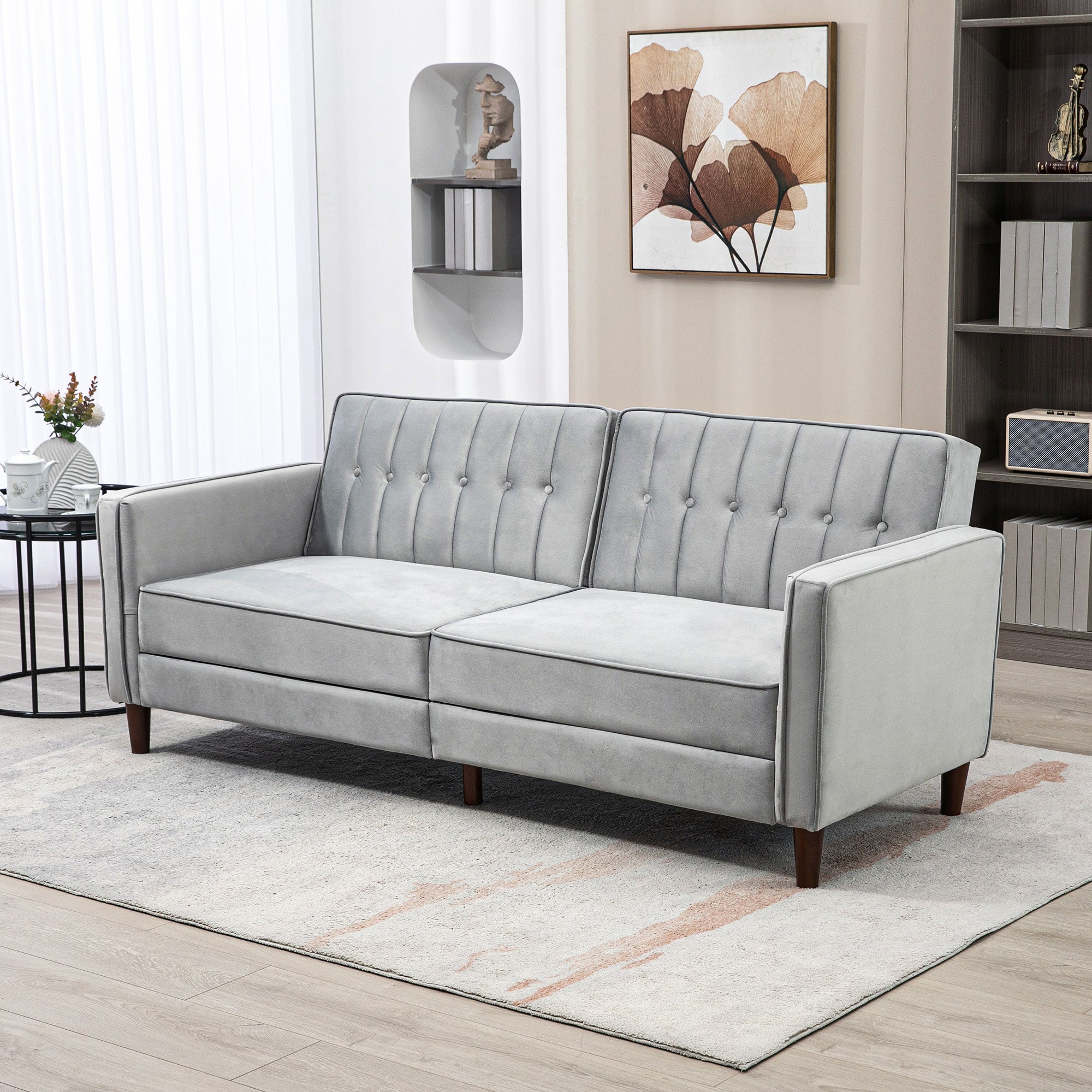 Sofá 2 Lugares Conversível em Cama Aveludada - 189x80,5x78,5 cm - Cinza Claro