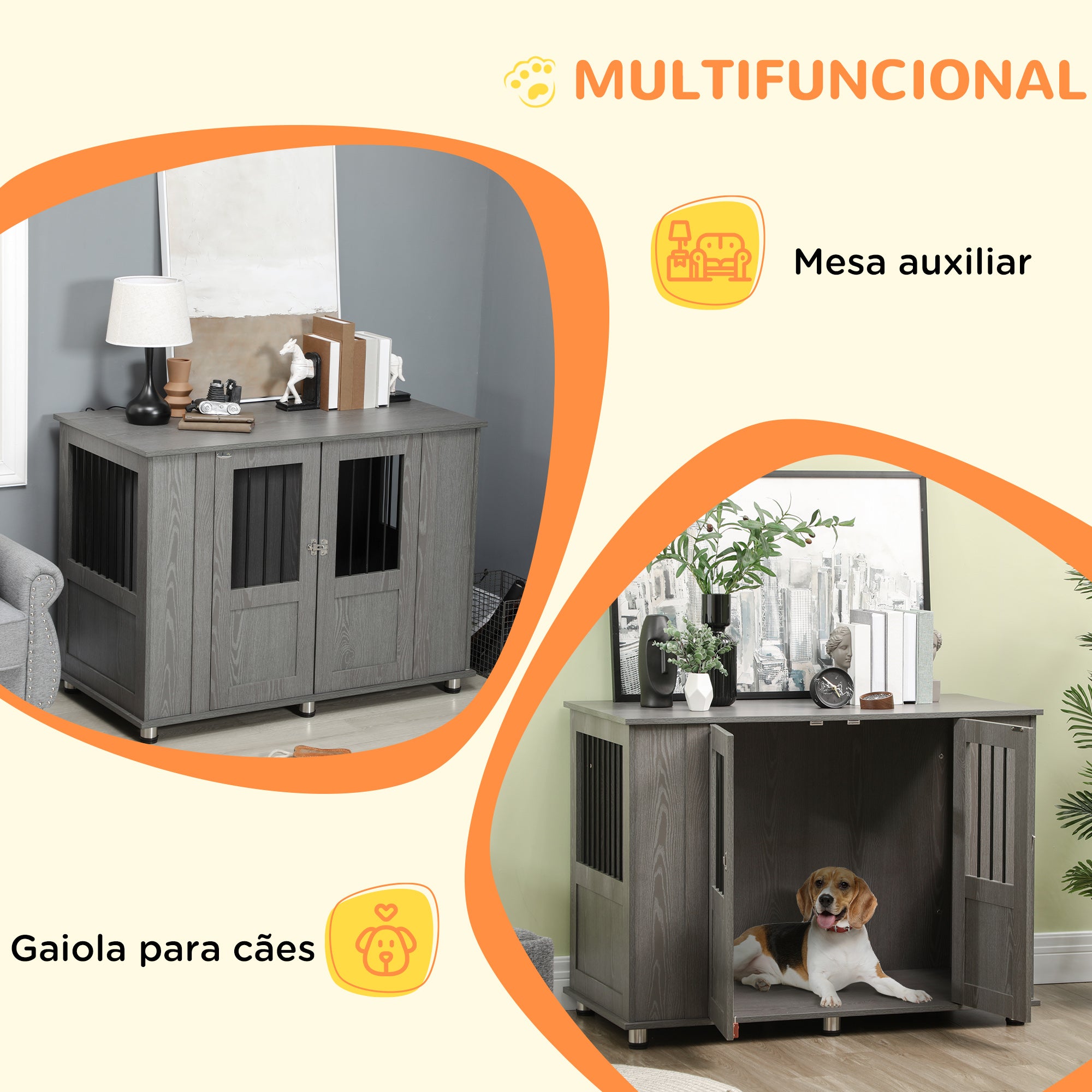 Gaiola Desmontável para Cães Grandes – 114x60x82 cm – Cinza – Melamina e Aço